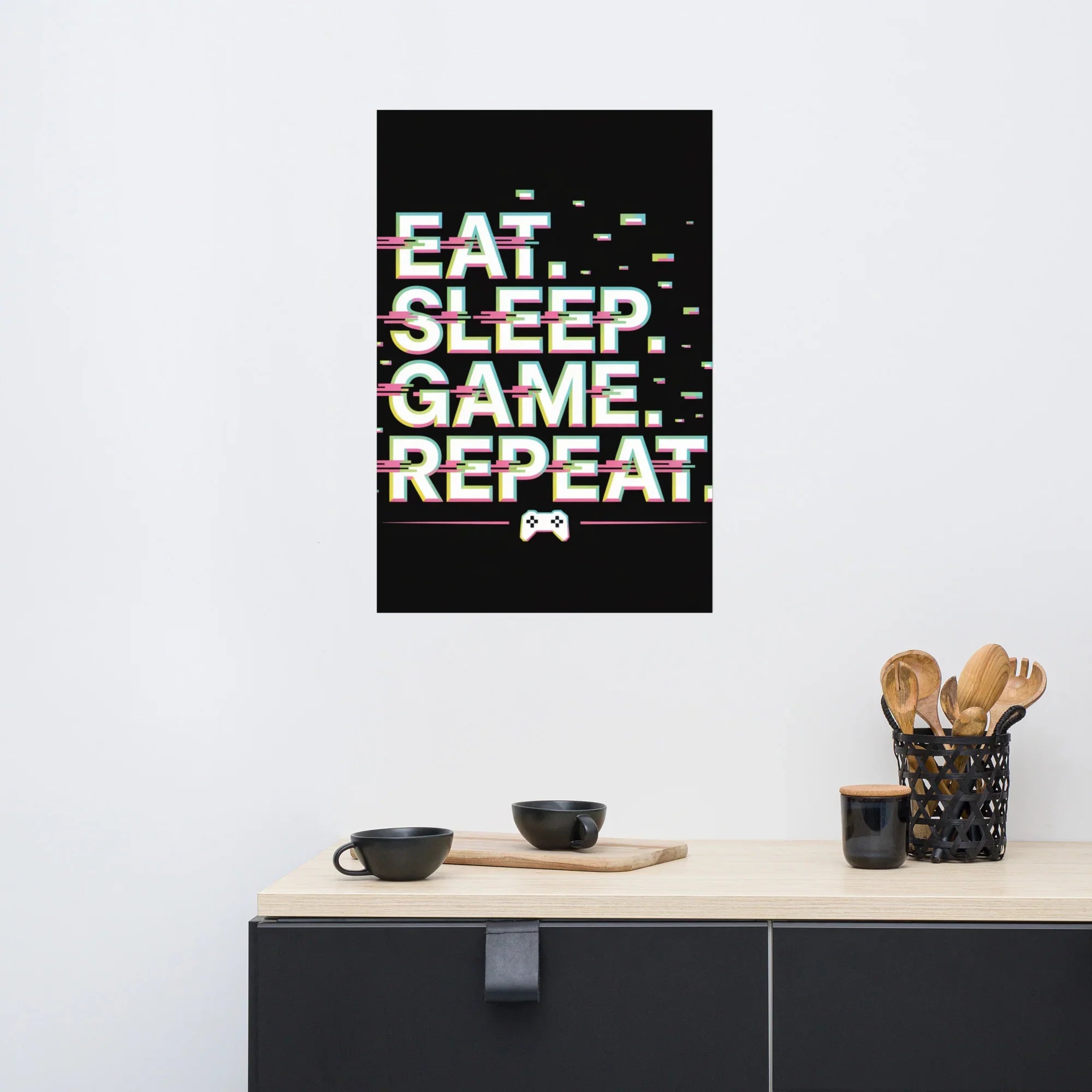 Eat Sleep Game Repeat – Glitch Gamer Lifestyle Wall Art - RaZits