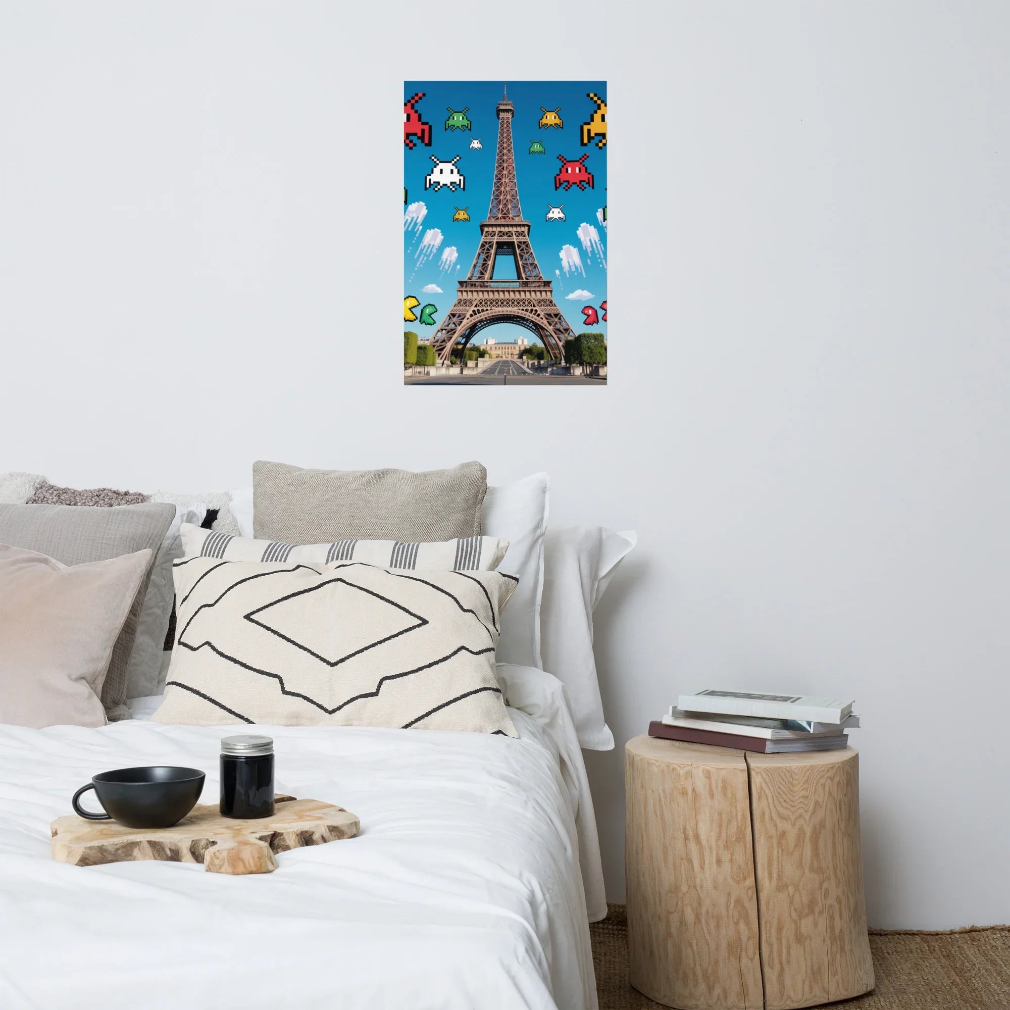Retro Pixel Invaders Over Paris – 8-Bit Gaming Wall Art, Eiffel Tower Gamer Decor - RaZits