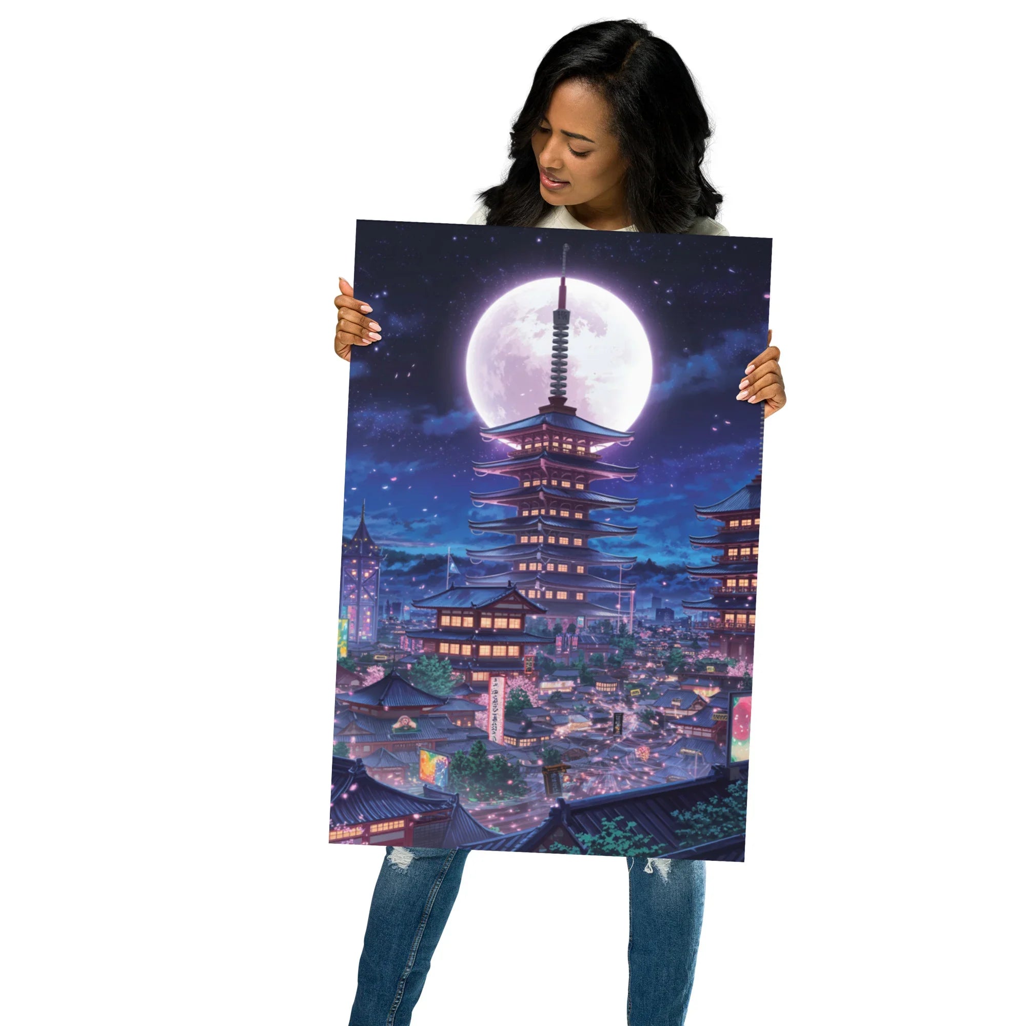 Midnight Sakura Dreamscape Japanese Cityscape Gaming Wall Art – Anime Aesthetic Room Decor - RaZits