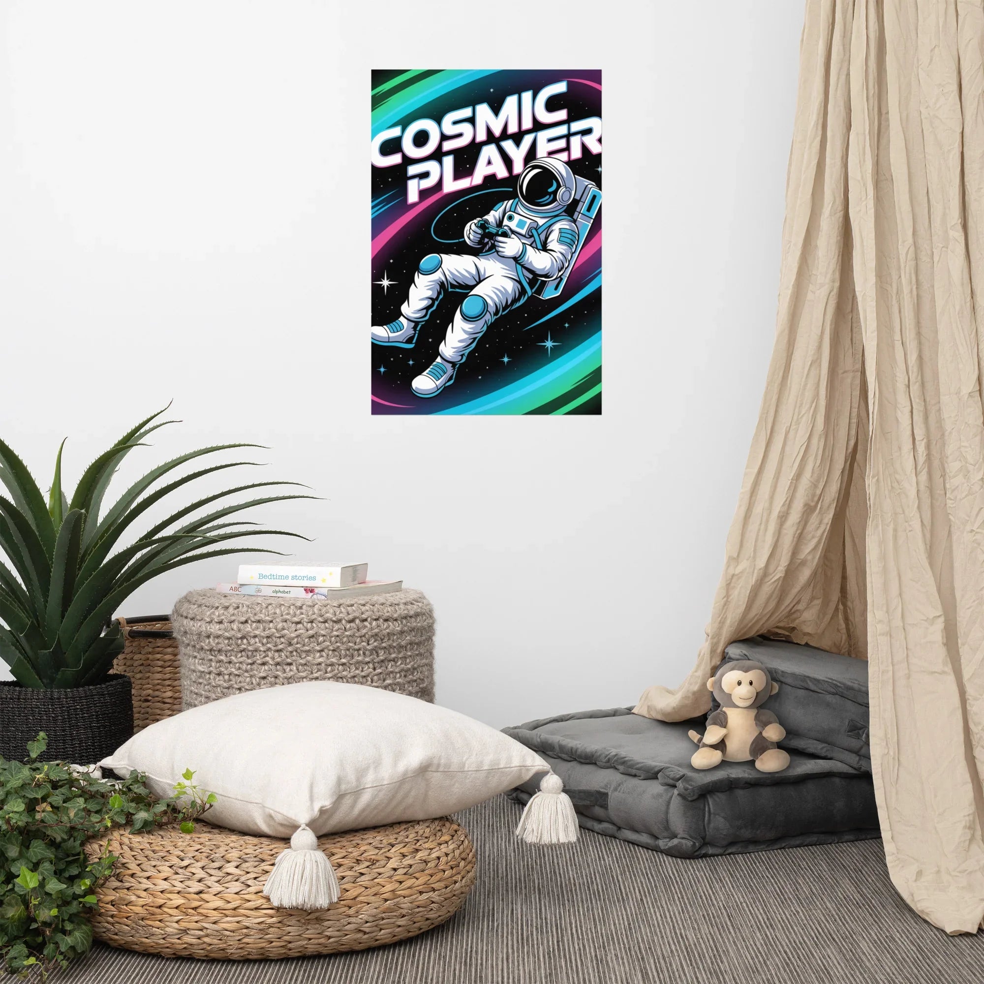 Cosmic Player – Astronaut Gamer in Space Neon Art Poster - RaZits