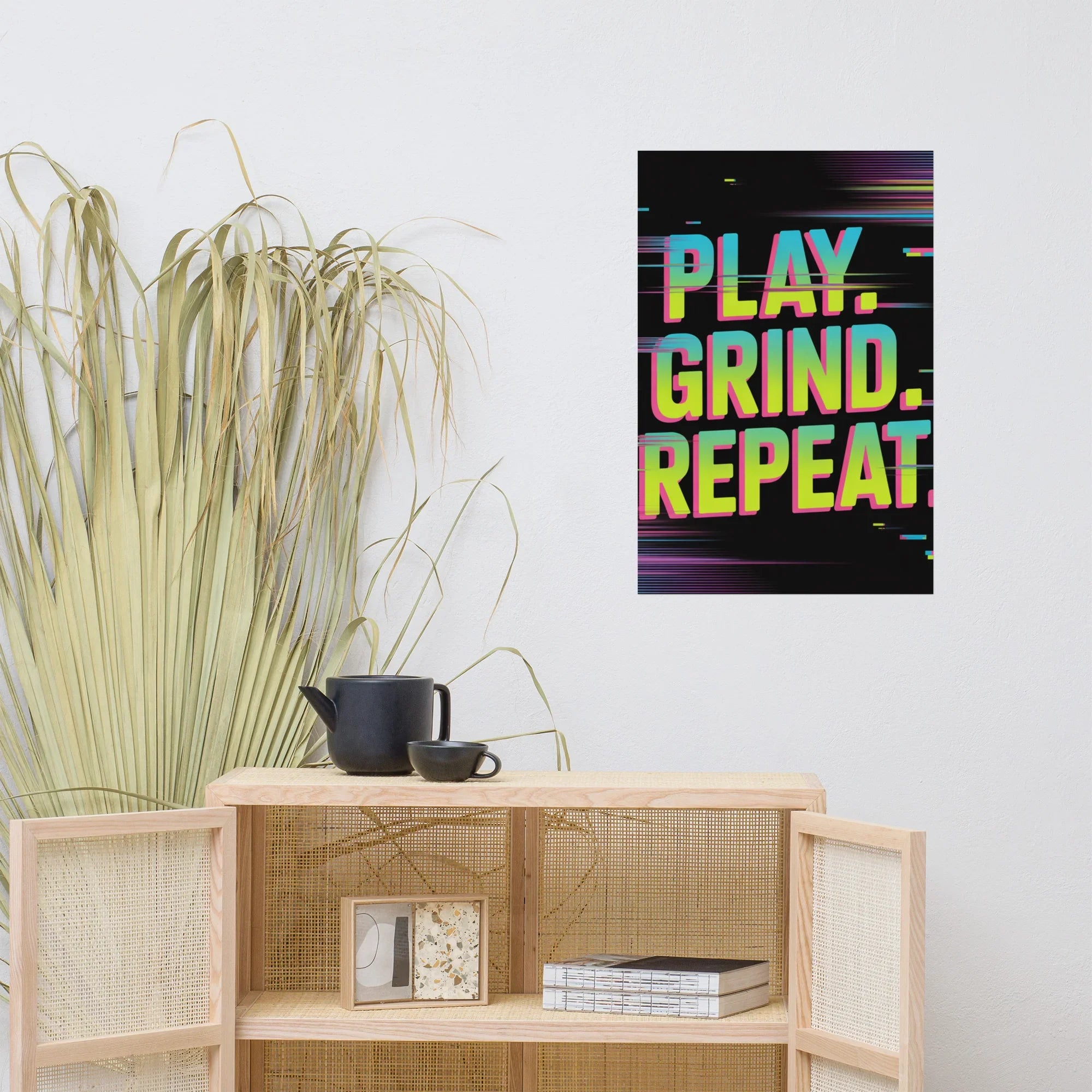 PLAY. GRIND. REPEAT. – Retro Glitch Gaming Motivation Poster in Neon Arcade Style - RaZits