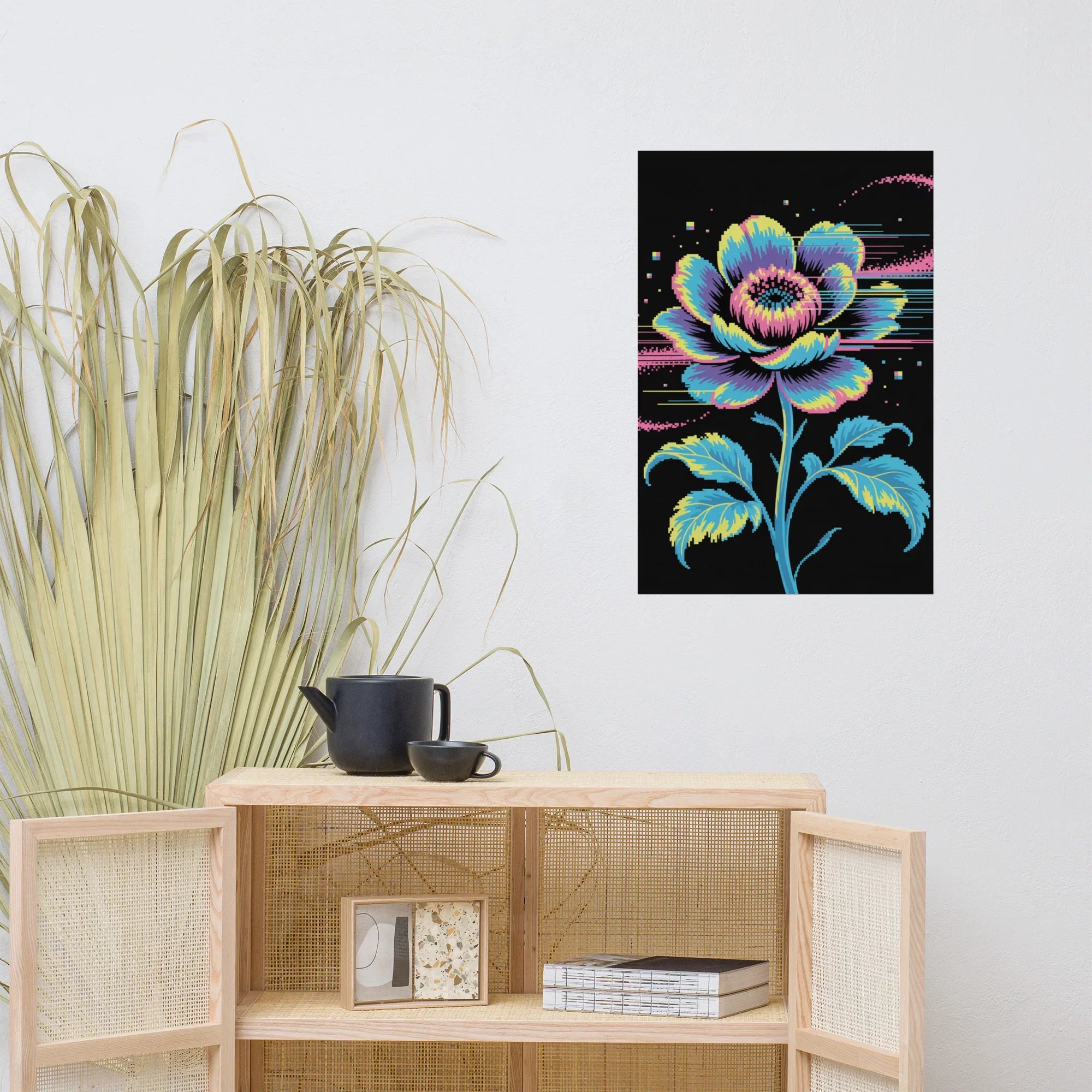 Cyber Bloom Pixel Flower Poster – Neon Floral Art for Gaming Setups - RaZits