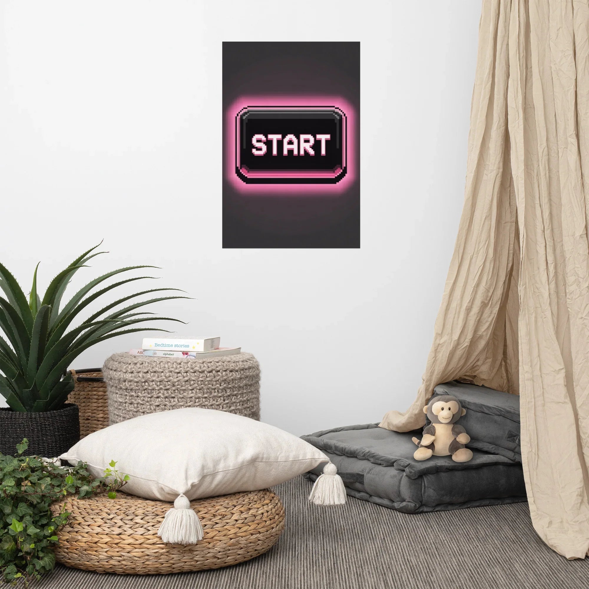 Press Start Pixel Art Poster – Retro Neon Vaporwave Gaming Print - RaZits
