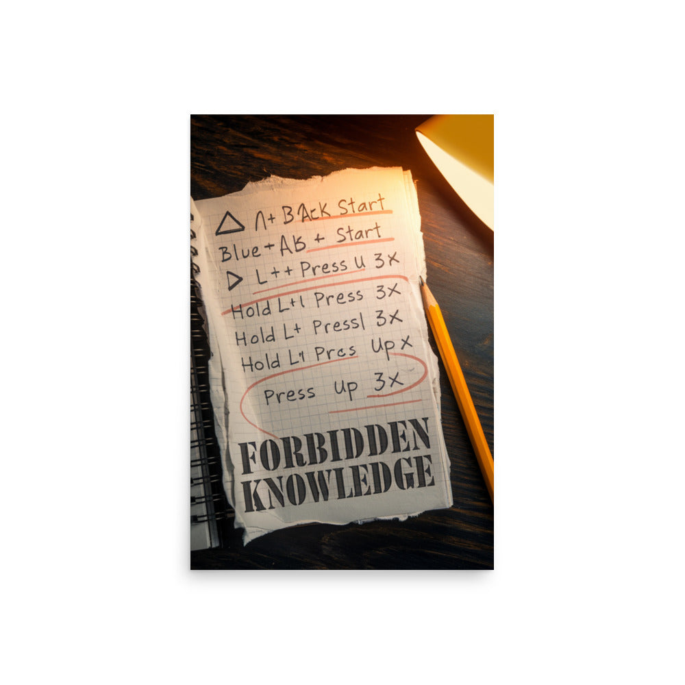 The Forbidden Scroll cheat code poster styled on gaming room wall