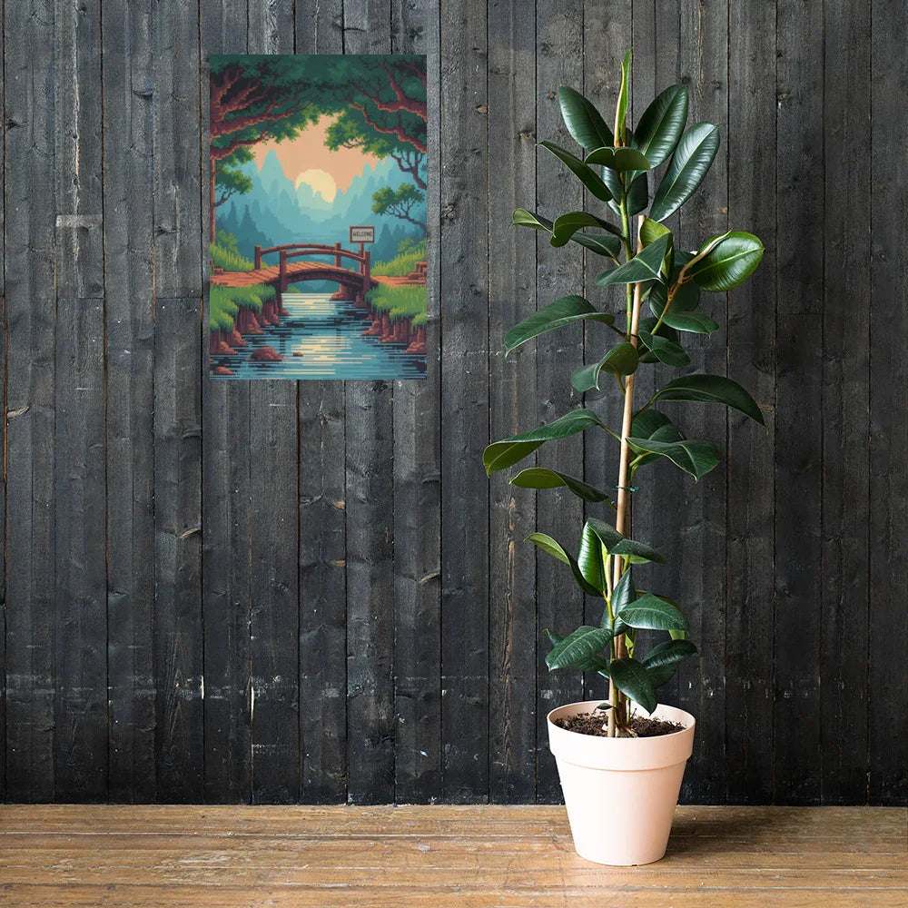 Pixel Forest Bridge – Retro 16-Bit Landscape Gaming Art Print for Cozy Gamer Rooms - RaZits