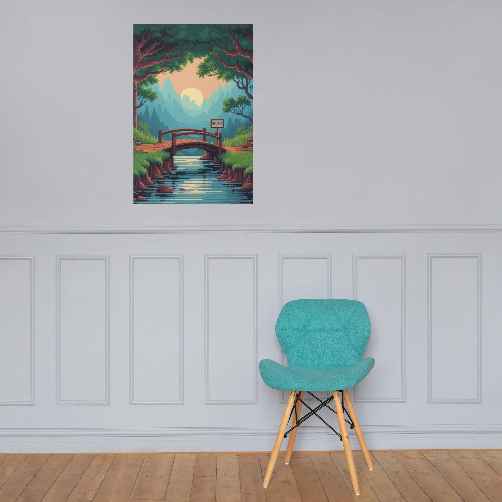 Pixel Forest Bridge – Retro 16-Bit Landscape Gaming Art Print for Cozy Gamer Rooms - RaZits