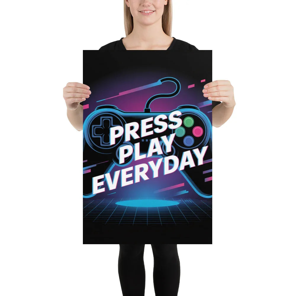 Press Play Everyday – Neon Glitch Gaming Motivation Poster - RaZits