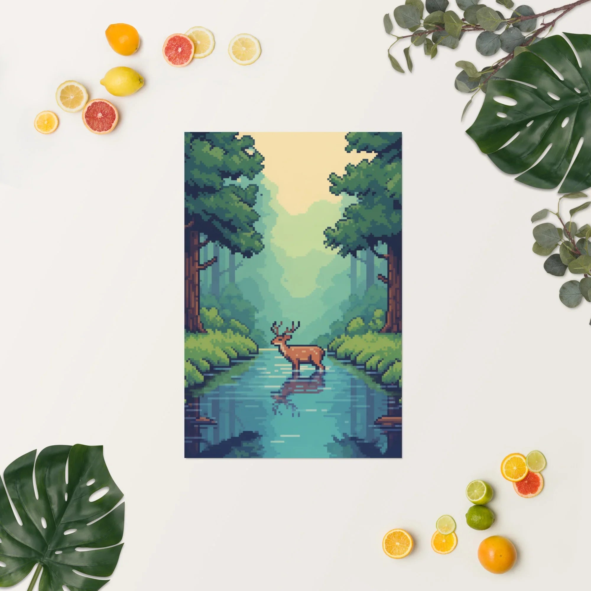 Pixel Forest Serenity – Retro Deer in Nature Gaming Art Print - RaZits