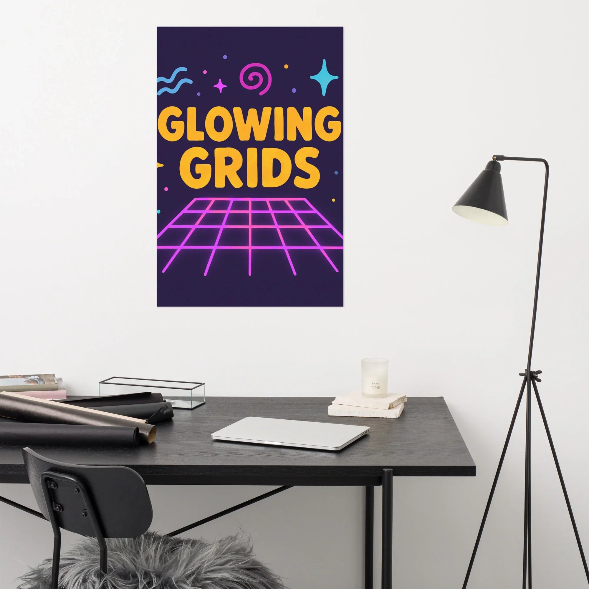 Glowing Grids Poster – Retro Neon Music Matrix Art - RaZits