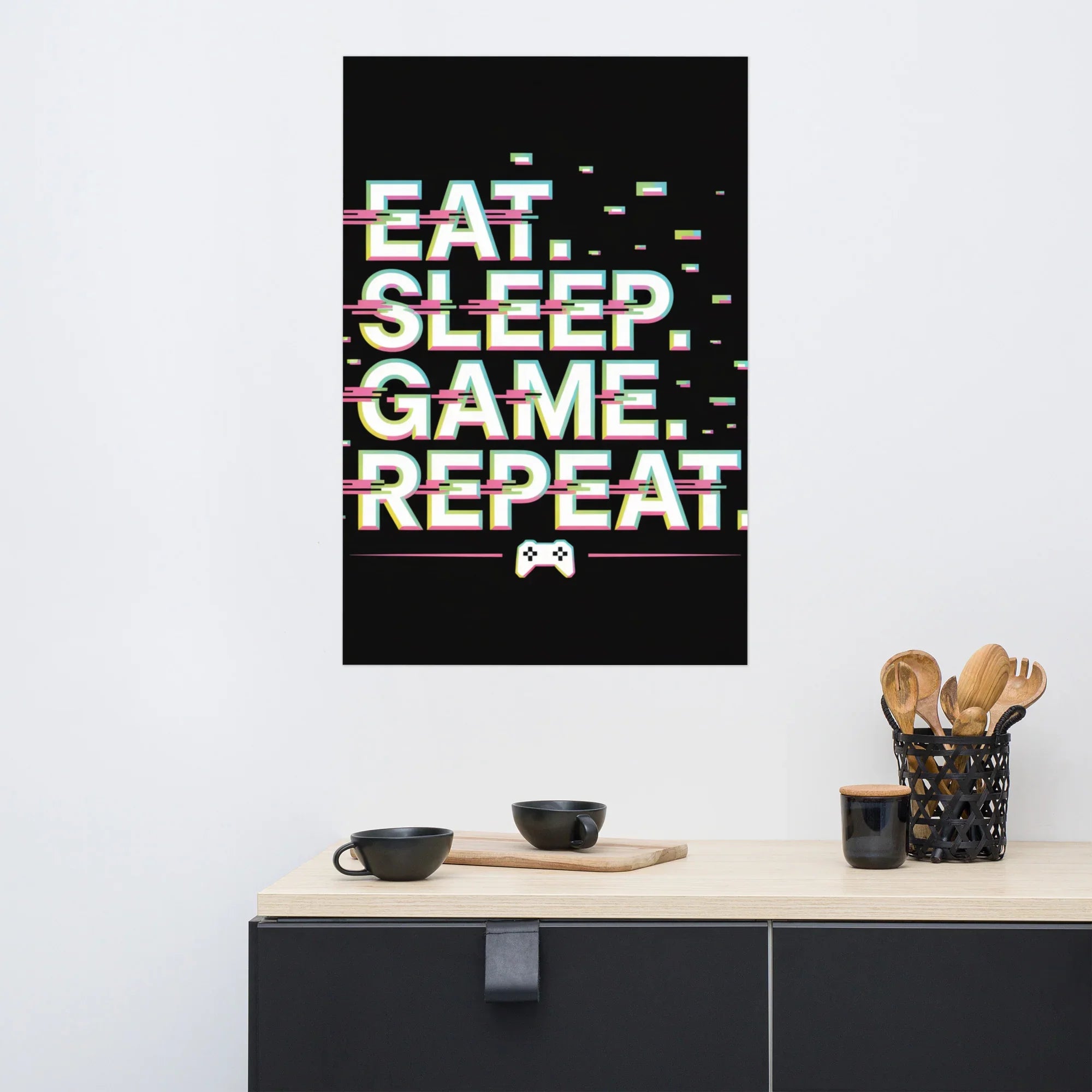 Eat Sleep Game Repeat – Glitch Gamer Lifestyle Wall Art - RaZits