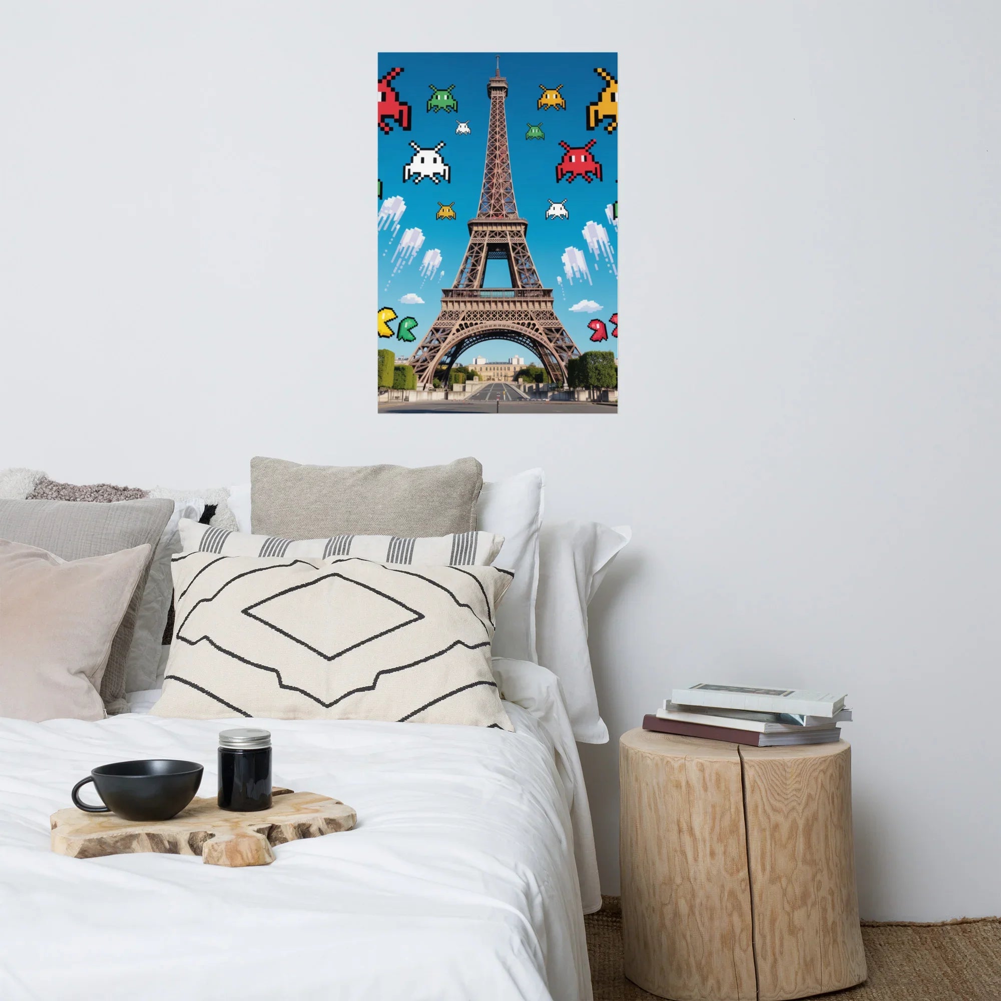 Retro Pixel Invaders Over Paris – 8-Bit Gaming Wall Art, Eiffel Tower Gamer Decor - RaZits