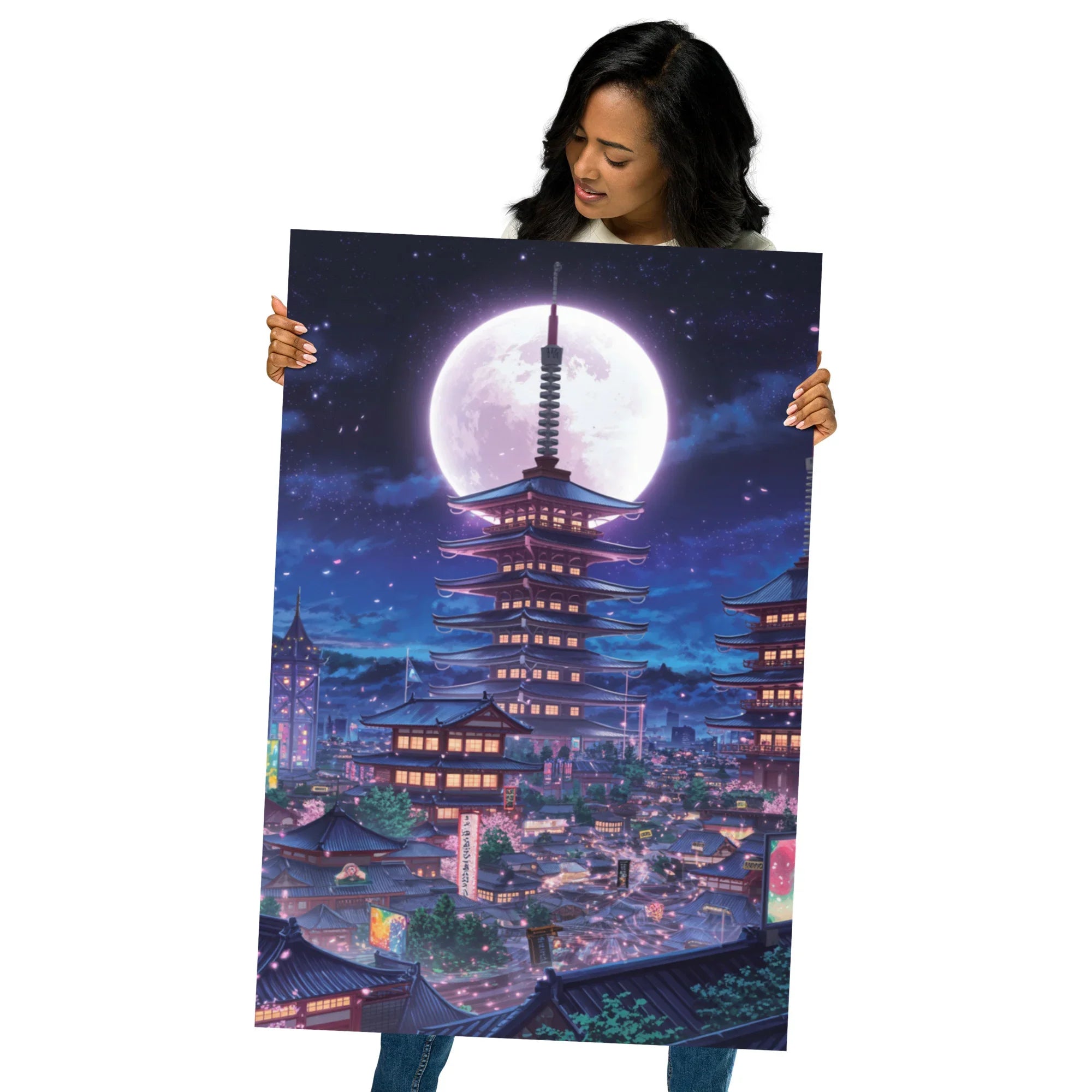 Midnight Sakura Dreamscape Japanese Cityscape Gaming Wall Art – Anime Aesthetic Room Decor - RaZits