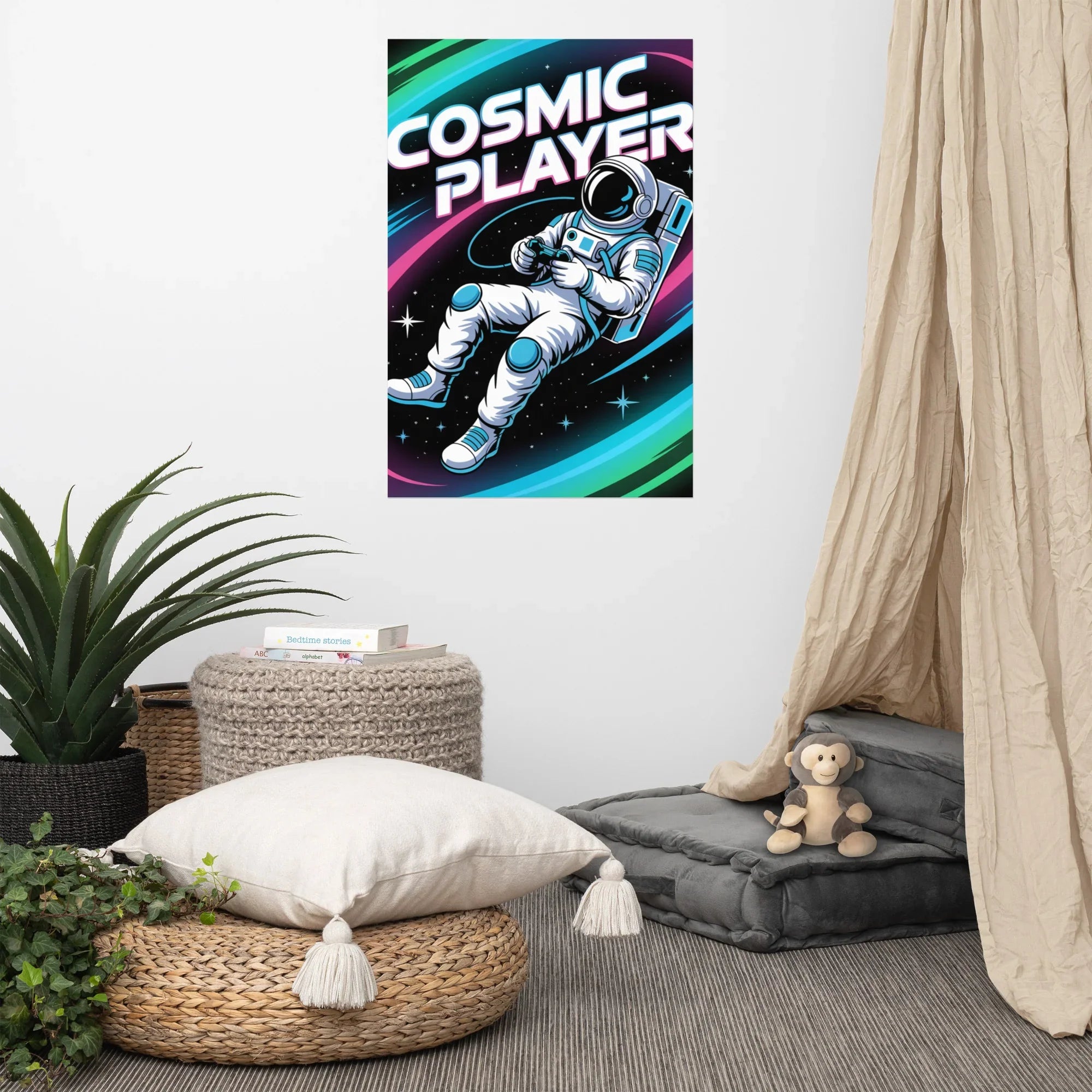 Cosmic Player – Astronaut Gamer in Space Neon Art Poster - RaZits