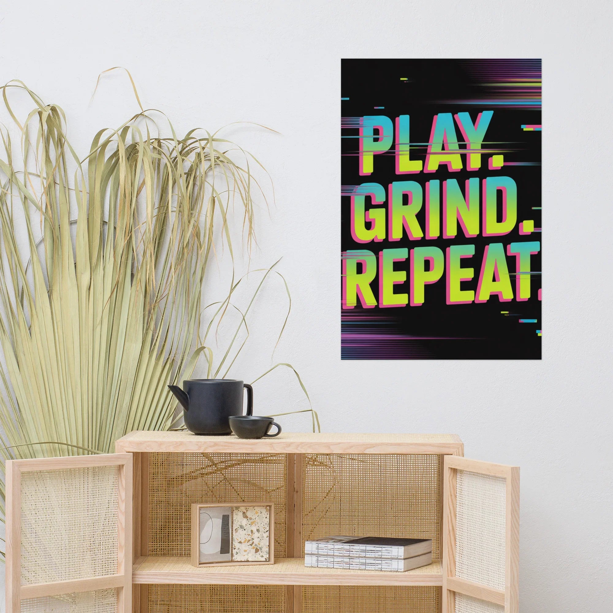 PLAY. GRIND. REPEAT. – Retro Glitch Gaming Motivation Poster in Neon Arcade Style - RaZits