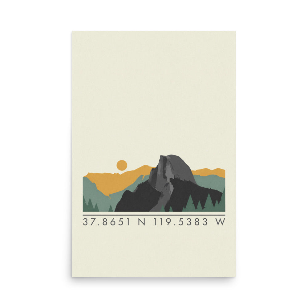 24″×36″ Yosemite National Park print, front view on white: sage and ochre ridges above a row of coordinates