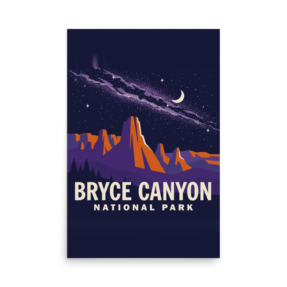 24″×36″ Bryce Canyon National Park poster, front view: cream park lettering under orange spires on dark navy