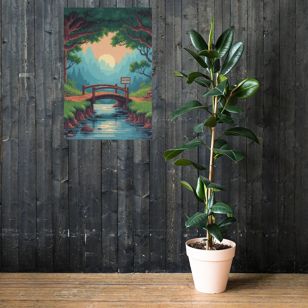 Pixel Forest Bridge – Retro 16-Bit Landscape Gaming Art Print for Cozy Gamer Rooms - RaZits
