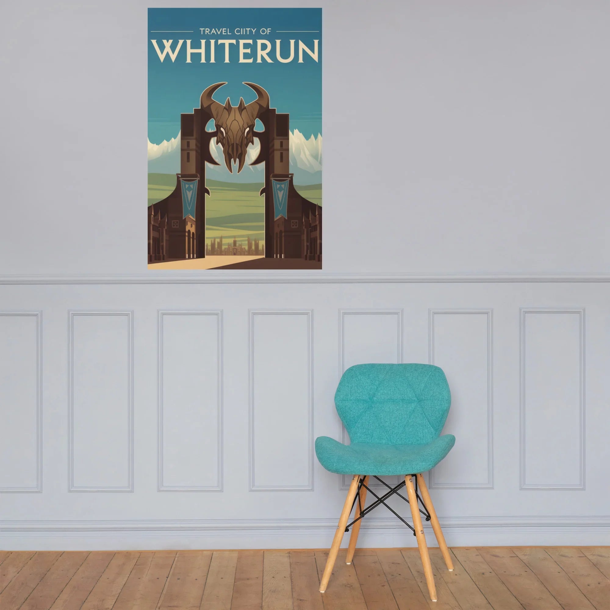 Fantasy Nordic City Travel Poster – Epic Medieval Kingdom Wall Art with Dragon Emblem Design - RaZits