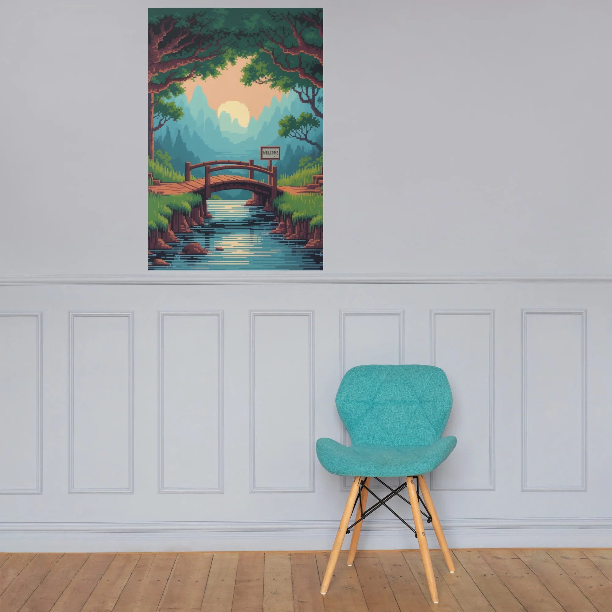 Pixel Forest Bridge – Retro 16-Bit Landscape Gaming Art Print for Cozy Gamer Rooms - RaZits