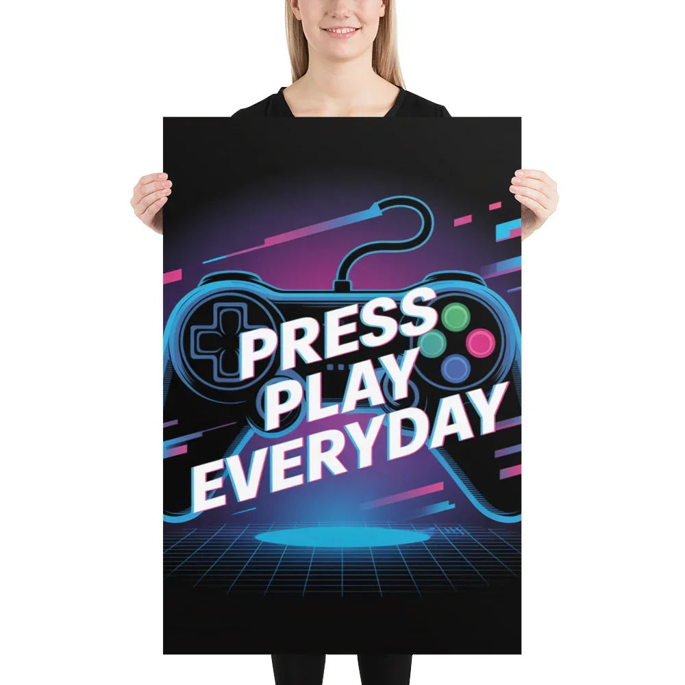 Press Play Everyday – Neon Glitch Gaming Motivation Poster - RaZits