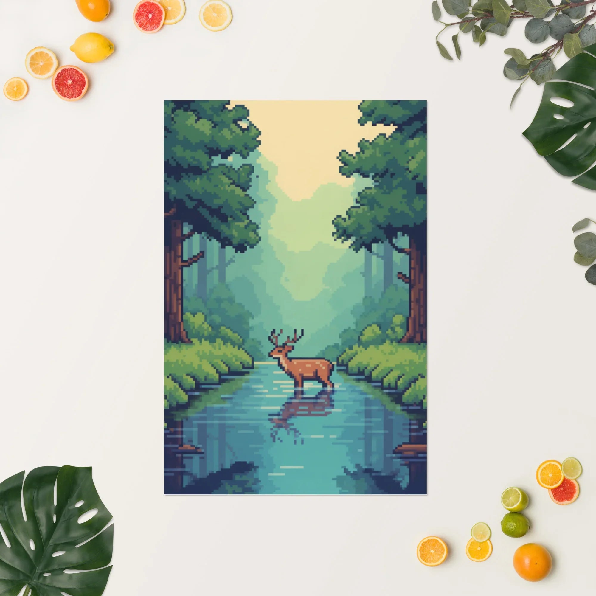 Pixel Forest Serenity – Retro Deer in Nature Gaming Art Print - RaZits