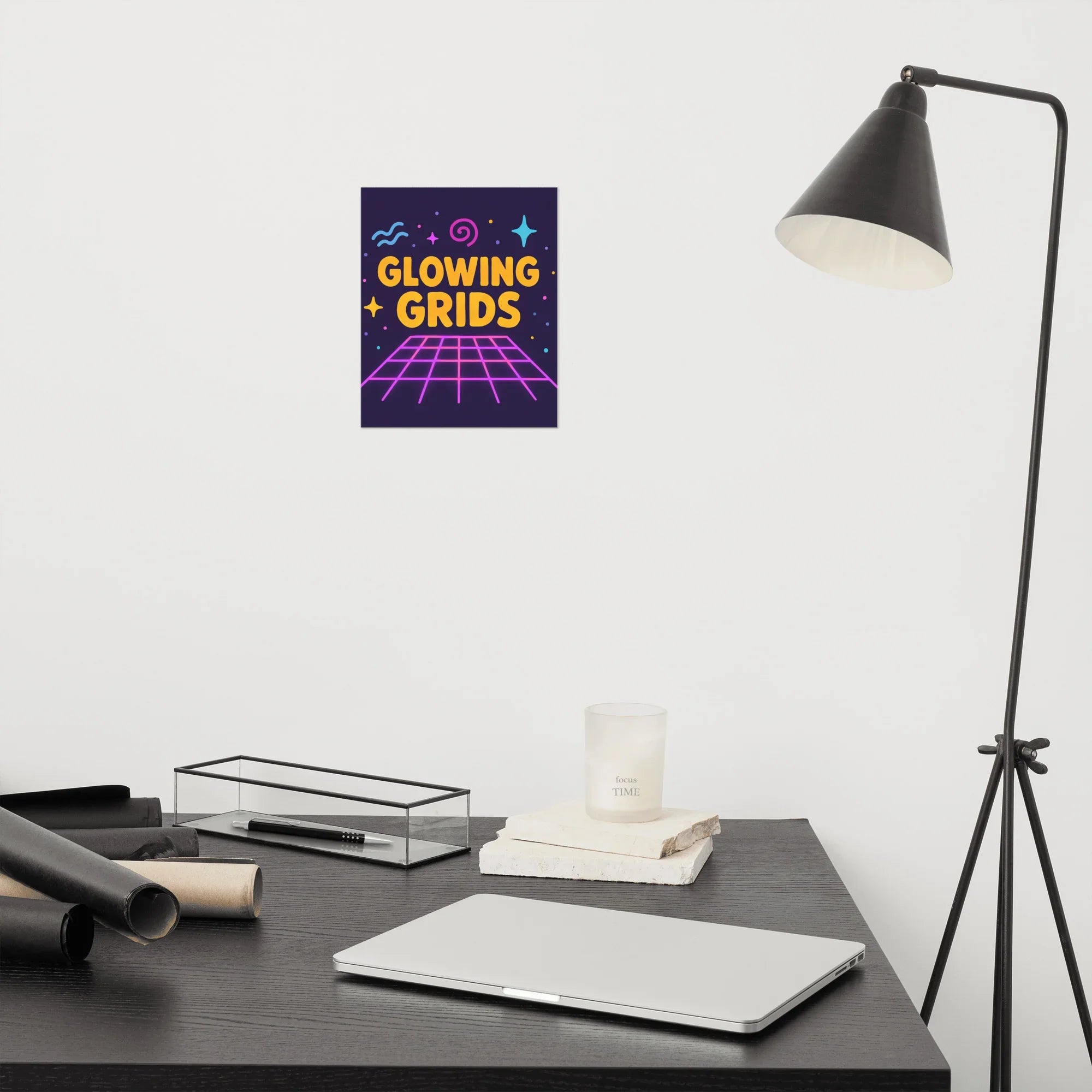 Glowing Grids Poster – Retro Neon Music Matrix Art - RaZits