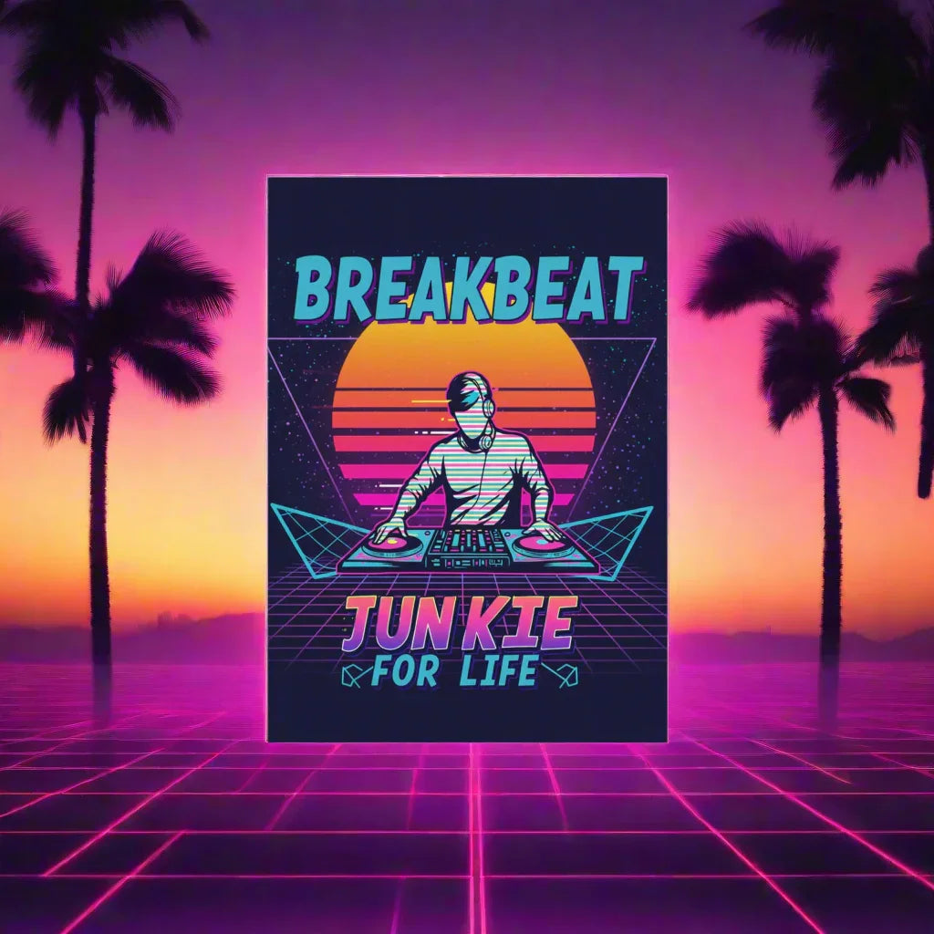 Breakbeat Junkie For Life Poster – Retro DJ Neon Grid - RaZits