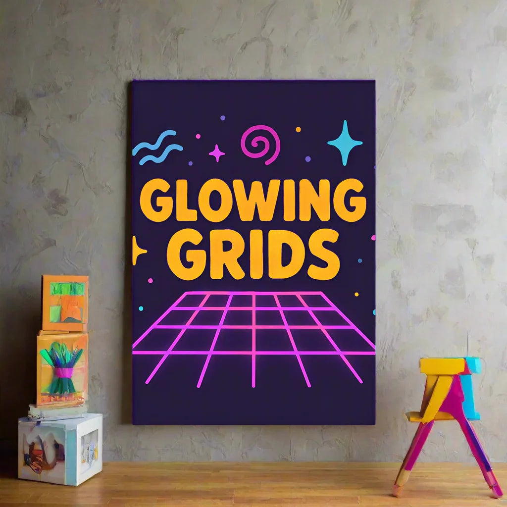 Glowing Grids Poster – Retro Neon Music Matrix Art - RaZits