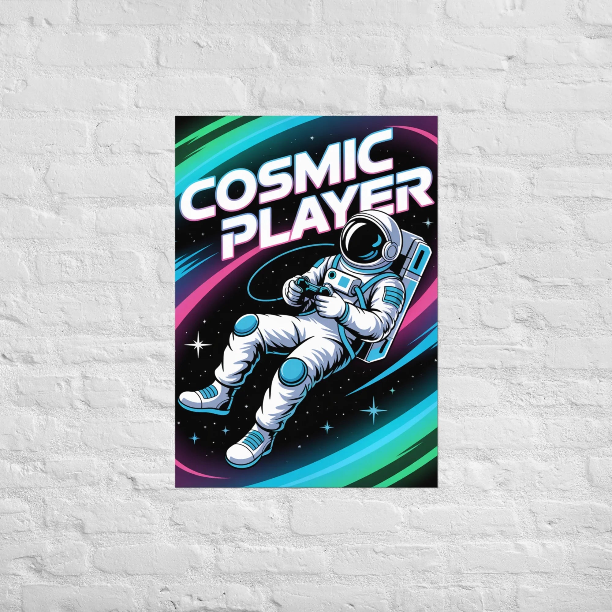 Cosmic Player – Astronaut Gamer in Space Neon Art Poster - RaZits