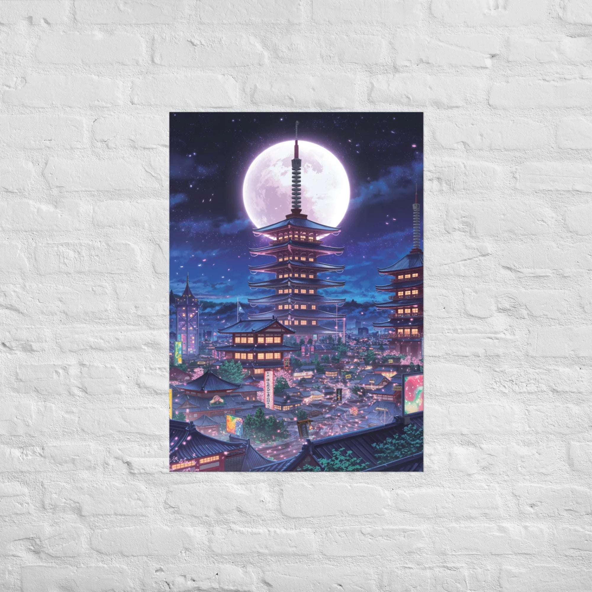 Midnight Sakura Dreamscape Japanese Cityscape Gaming Wall Art – Anime Aesthetic Room Decor - RaZits
