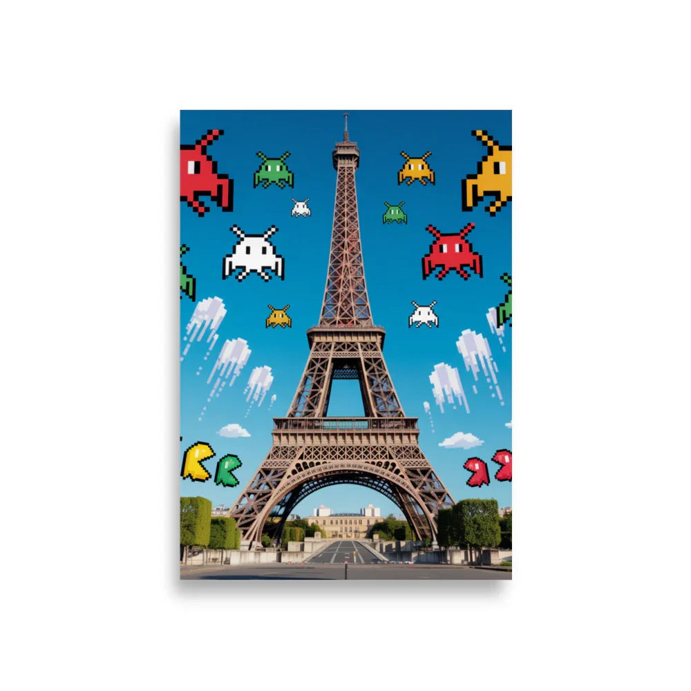 Retro Pixel Invaders Over Paris – 8-Bit Gaming Wall Art, Eiffel Tower Gamer Decor - RaZits