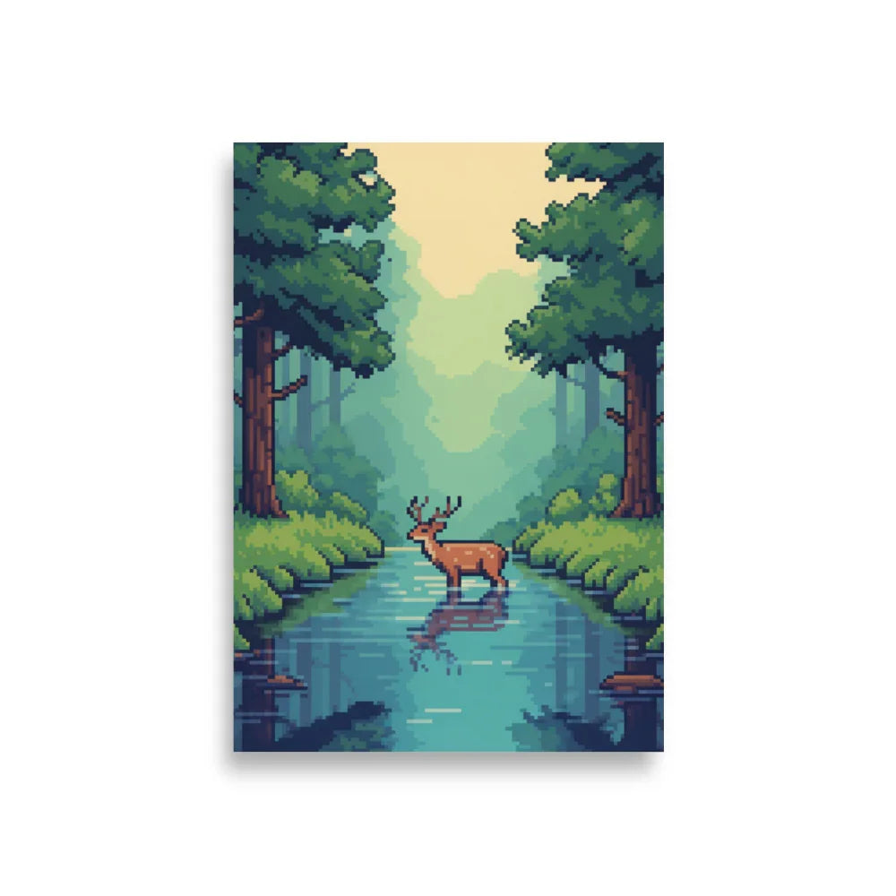 Pixel Forest Serenity – Retro Deer in Nature Gaming Art Print - RaZits