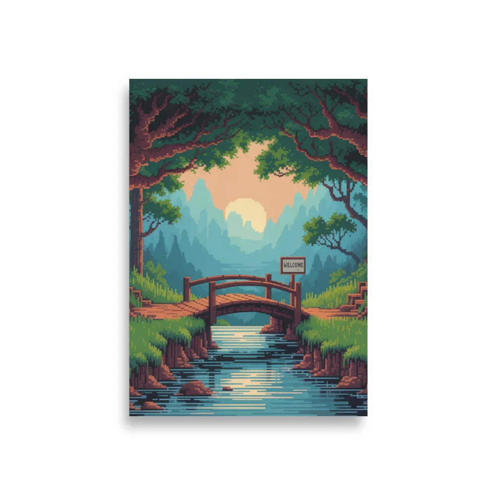 Pixel Forest Bridge – Retro 16-Bit Landscape Gaming Art Print for Cozy Gamer Rooms - RaZits