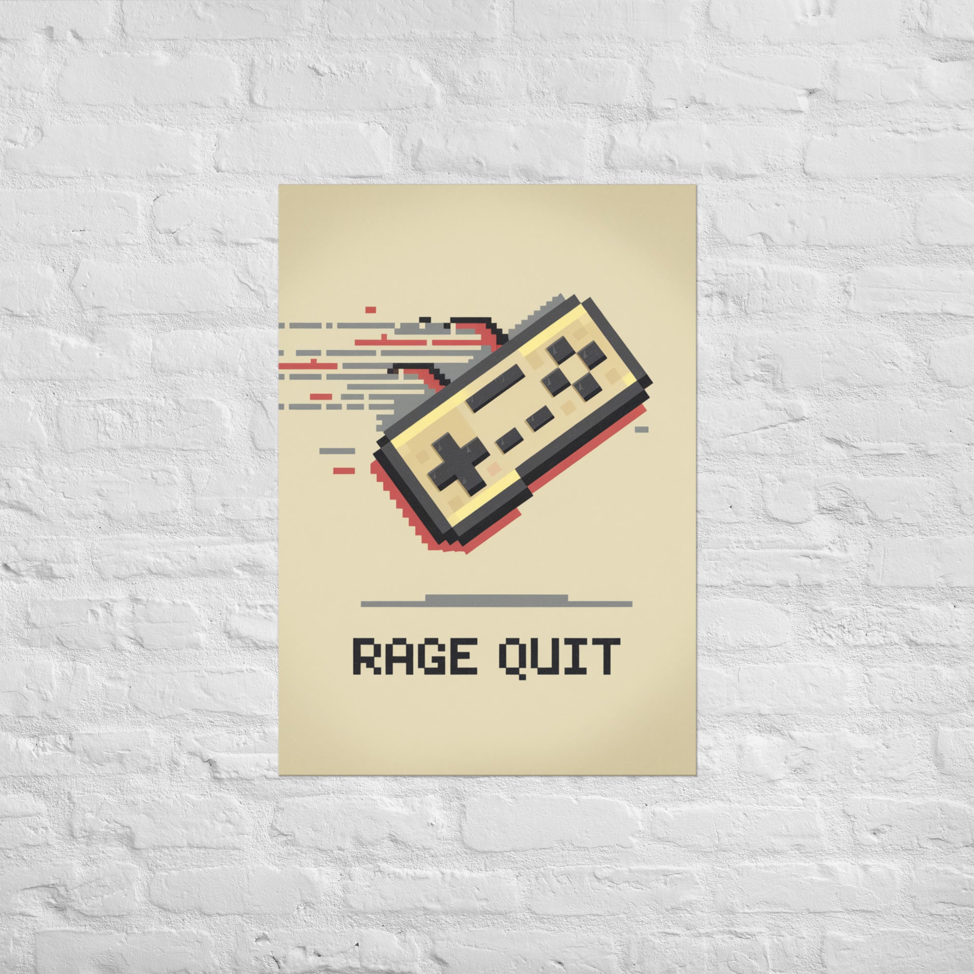 Rage Quit funny retro gaming poster styled on gaming room wall