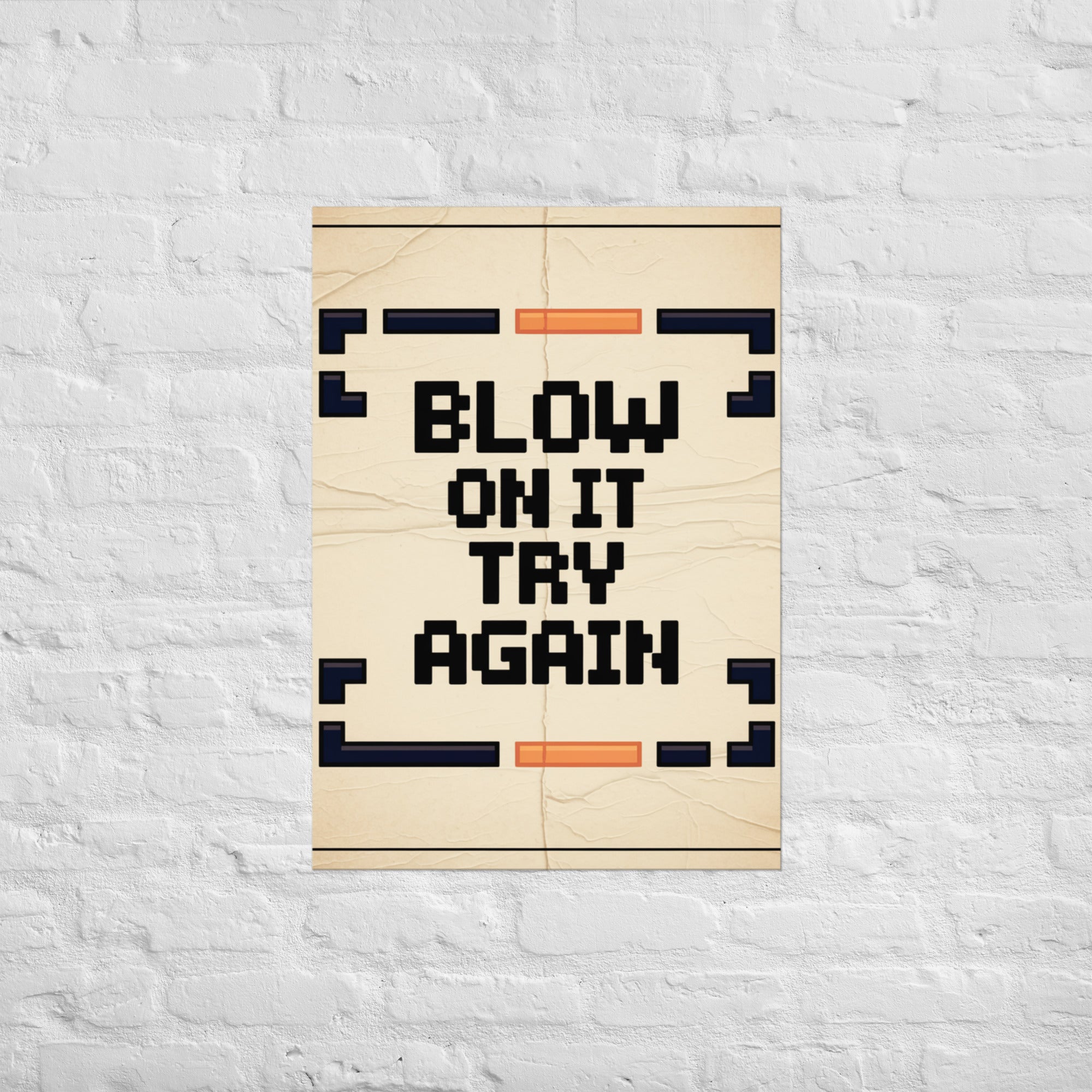 Blow and Pray retro gaming poster styled on gaming room wall