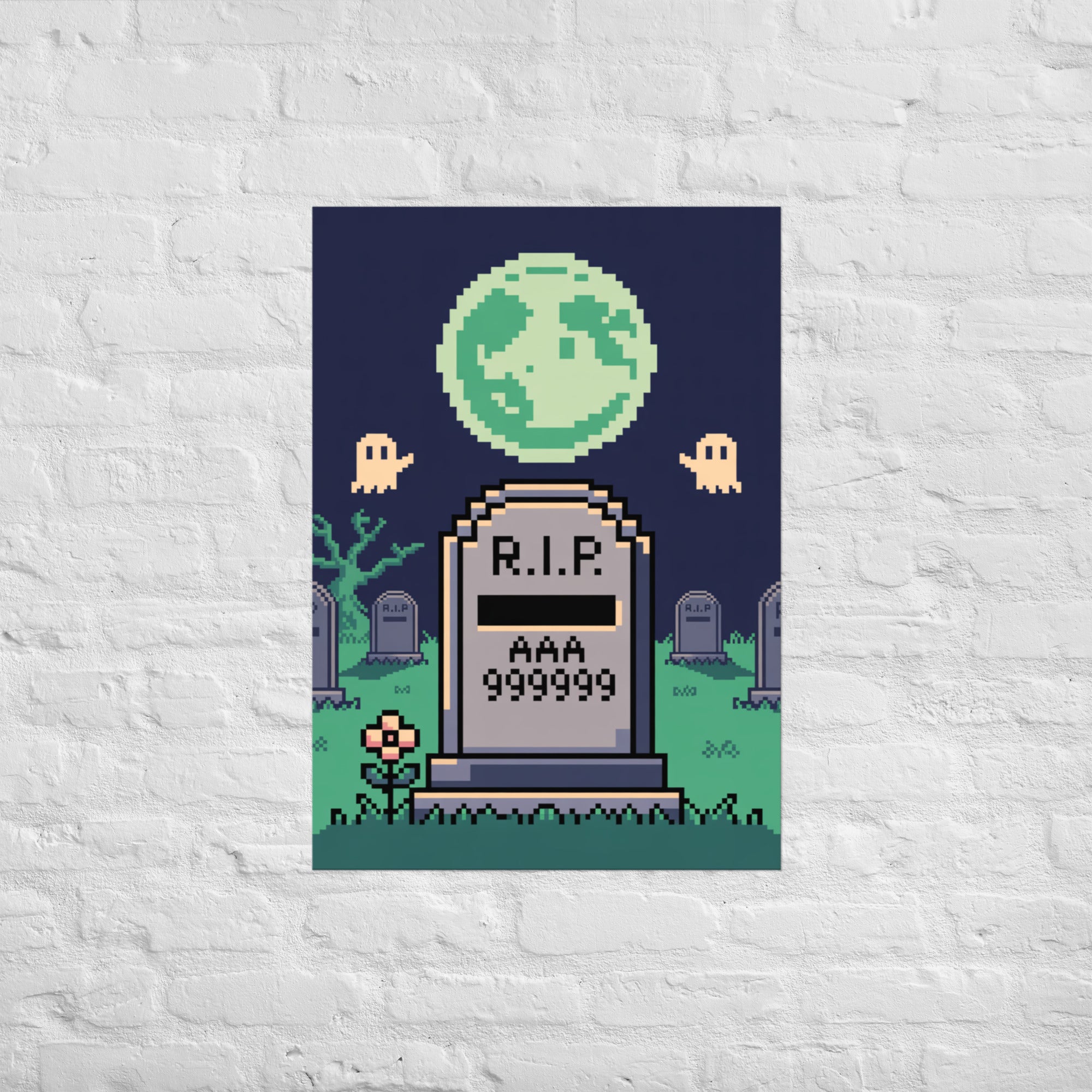 Pixel-art tombstone R.I.P. AAA 999999 retro gaming wall art 24x36 in gaming room