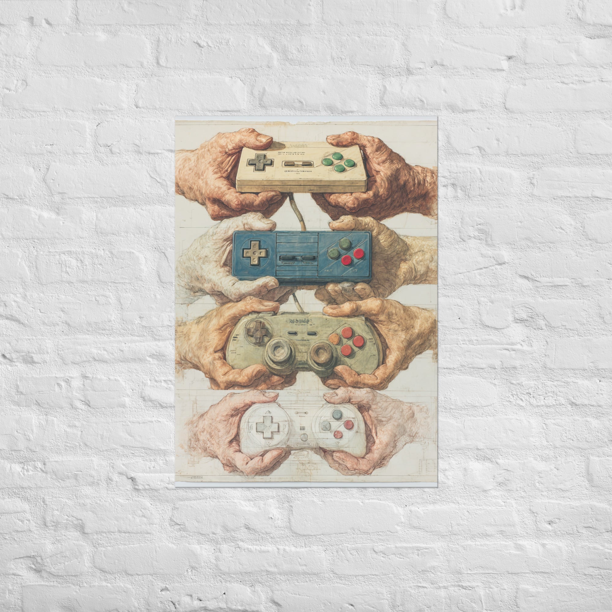 Hands Through Time retro gaming wall art on Enhanced Matte Paper, A1 size (23.3×33.1 inches)