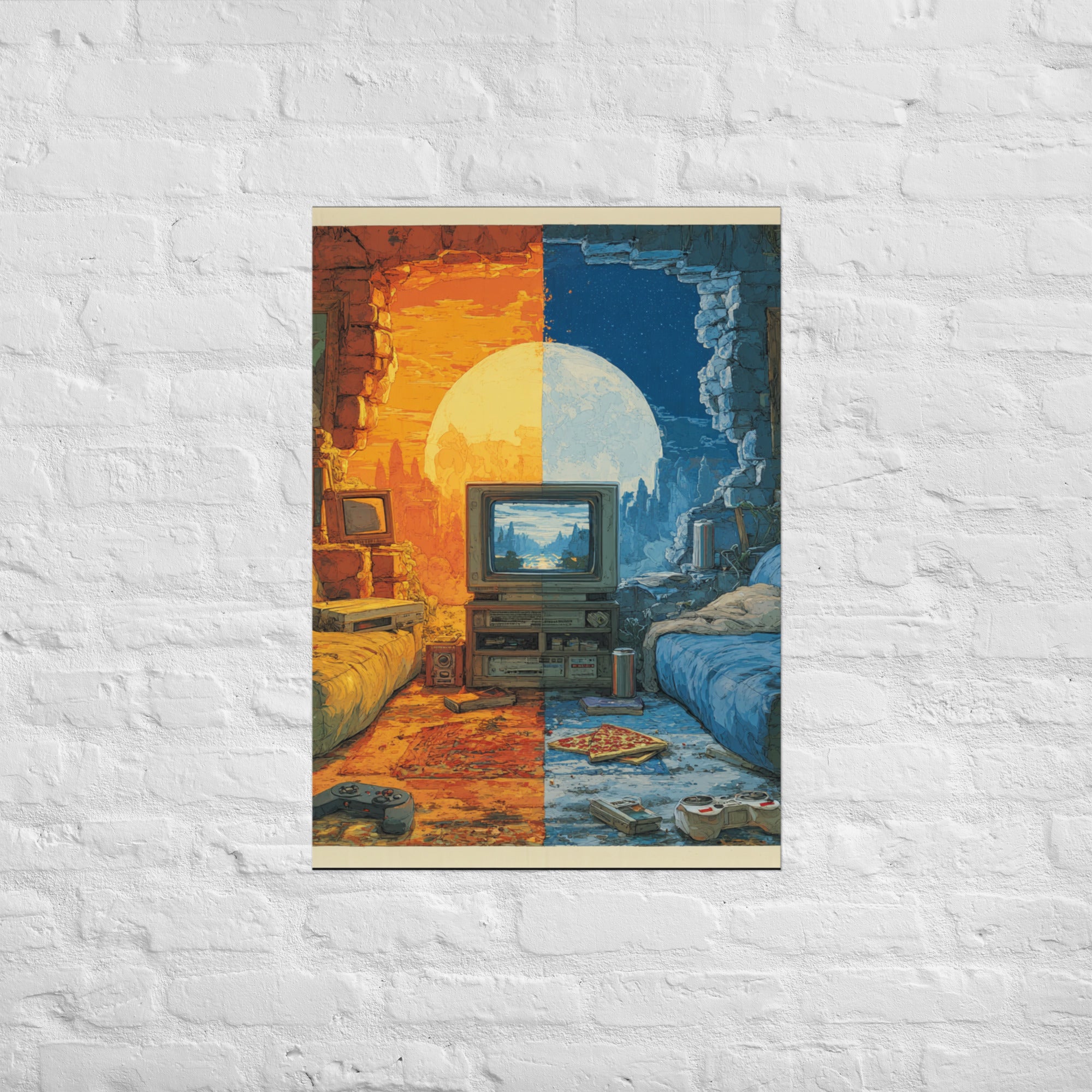 Two Worlds, One Couch split screen wall art on Enhanced Matte Paper, A1 size