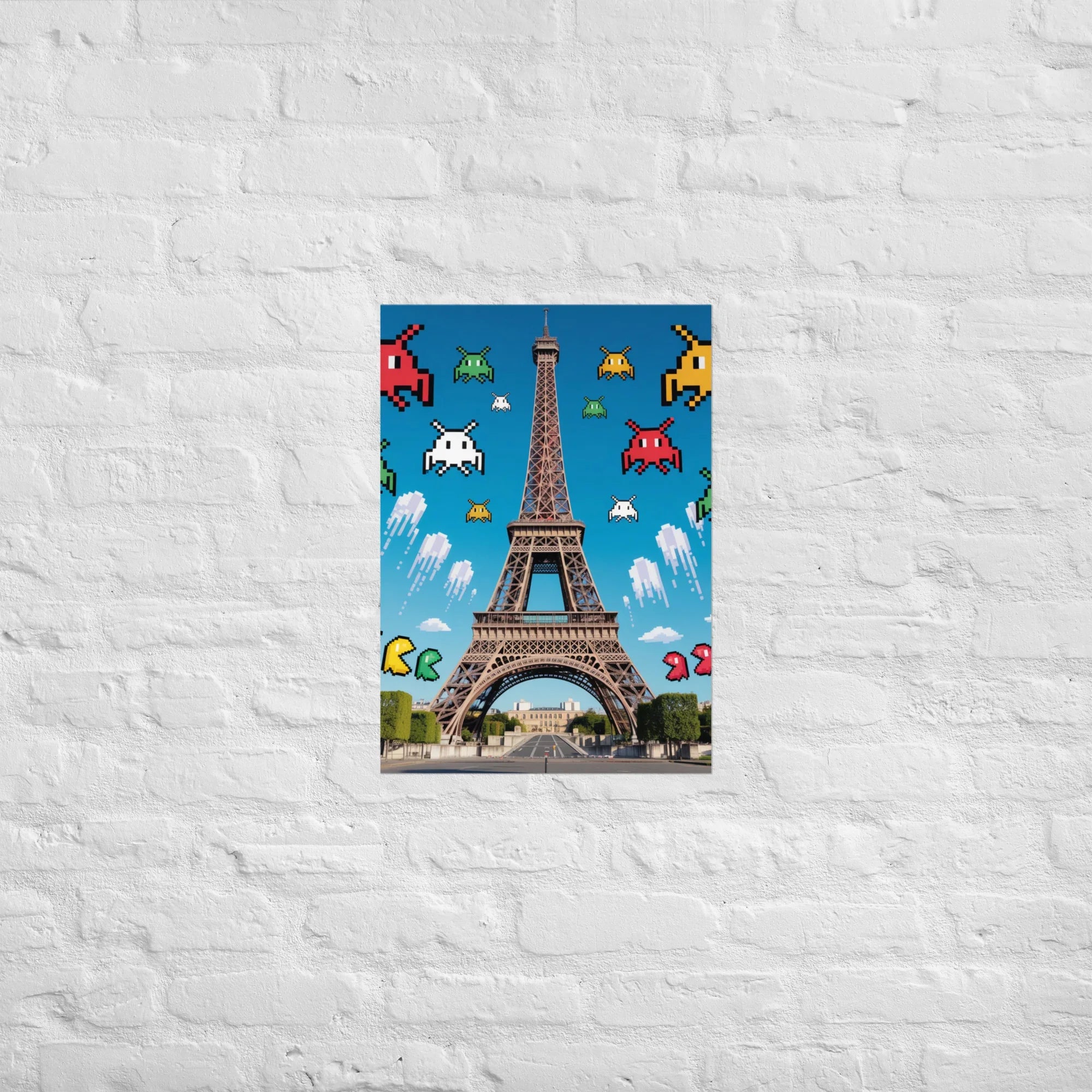 Retro Pixel Invaders Over Paris – 8-Bit Gaming Wall Art, Eiffel Tower Gamer Decor - RaZits