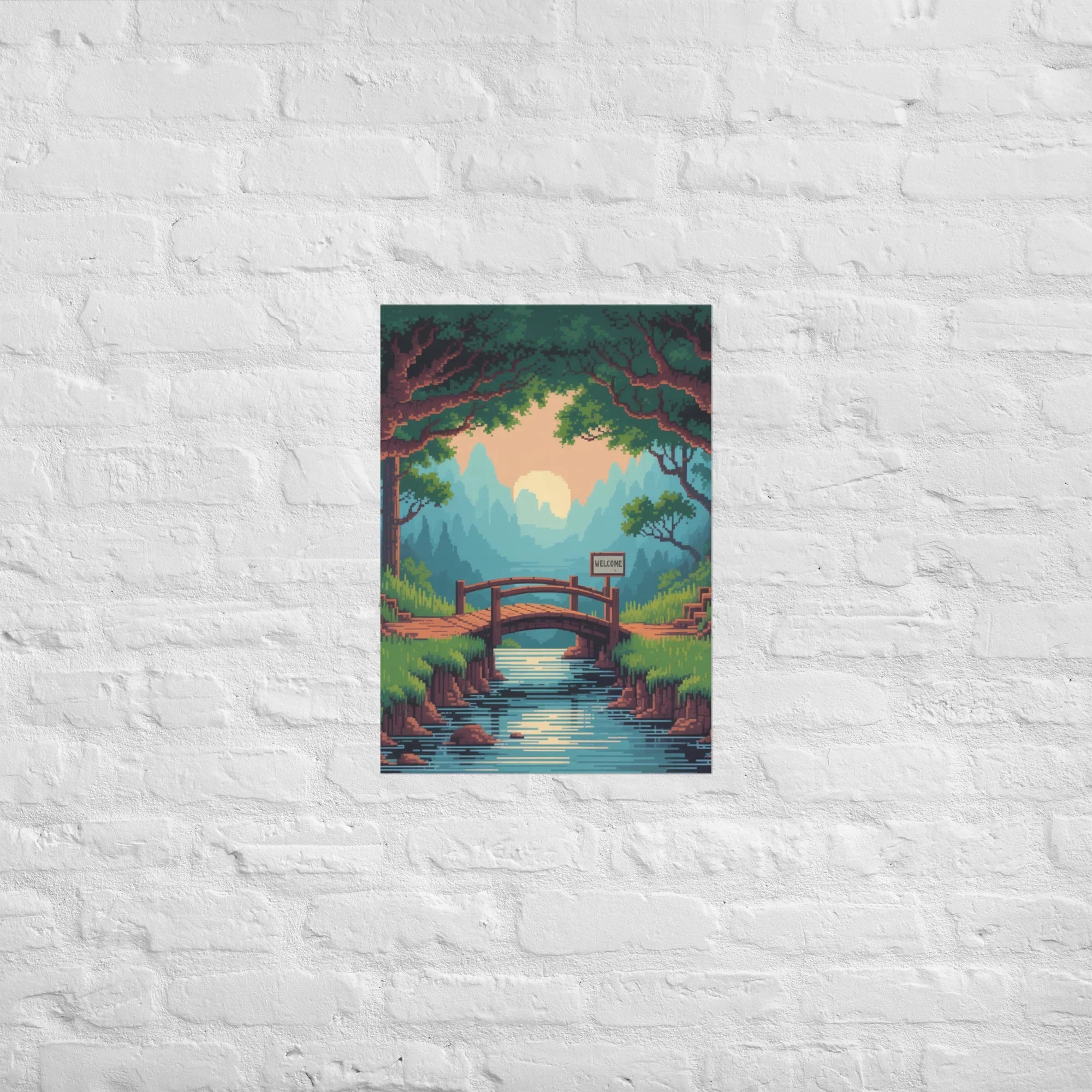 Pixel Forest Bridge – Retro 16-Bit Landscape Gaming Art Print for Cozy Gamer Rooms - RaZits