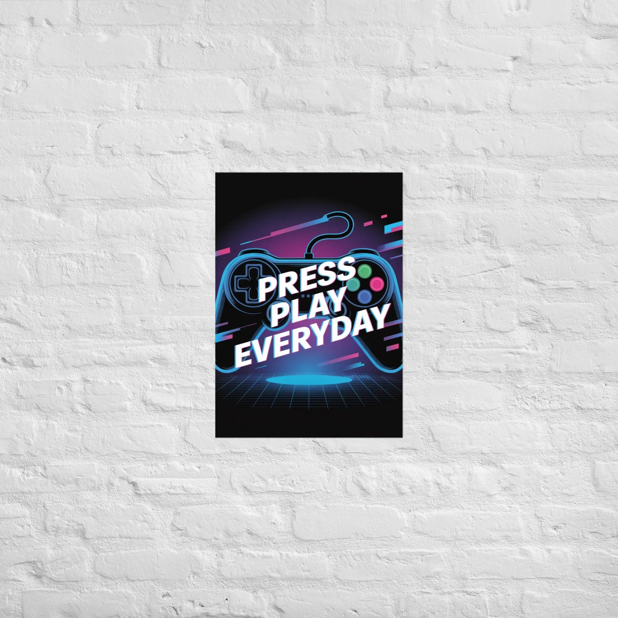 Press Play Everyday – Neon Glitch Gaming Motivation Poster - RaZits