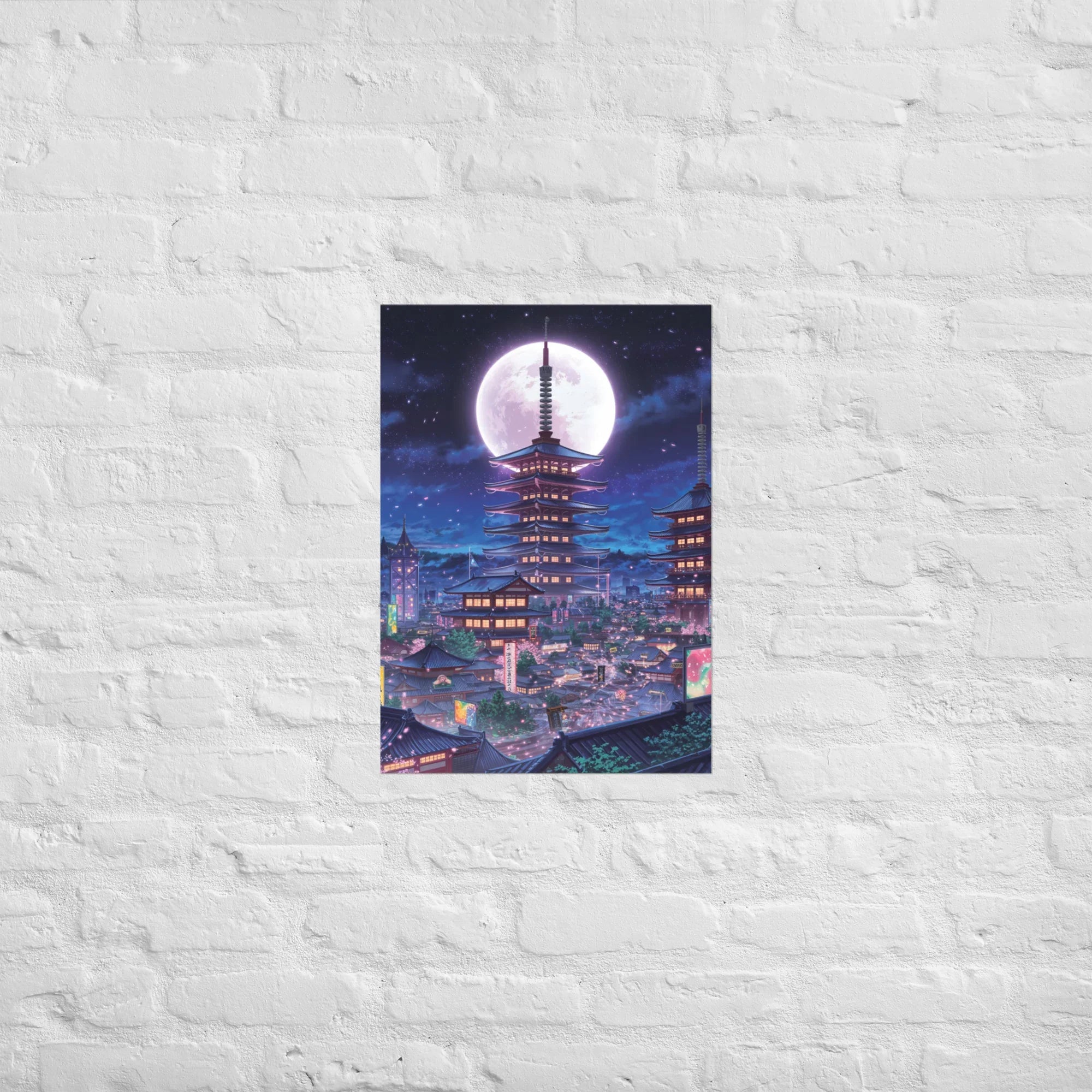 Midnight Sakura Dreamscape Japanese Cityscape Gaming Wall Art – Anime Aesthetic Room Decor - RaZits