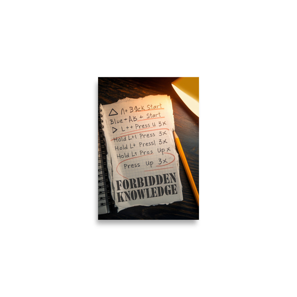 The Forbidden Scroll retro gaming cheat code poster hero shot matte print