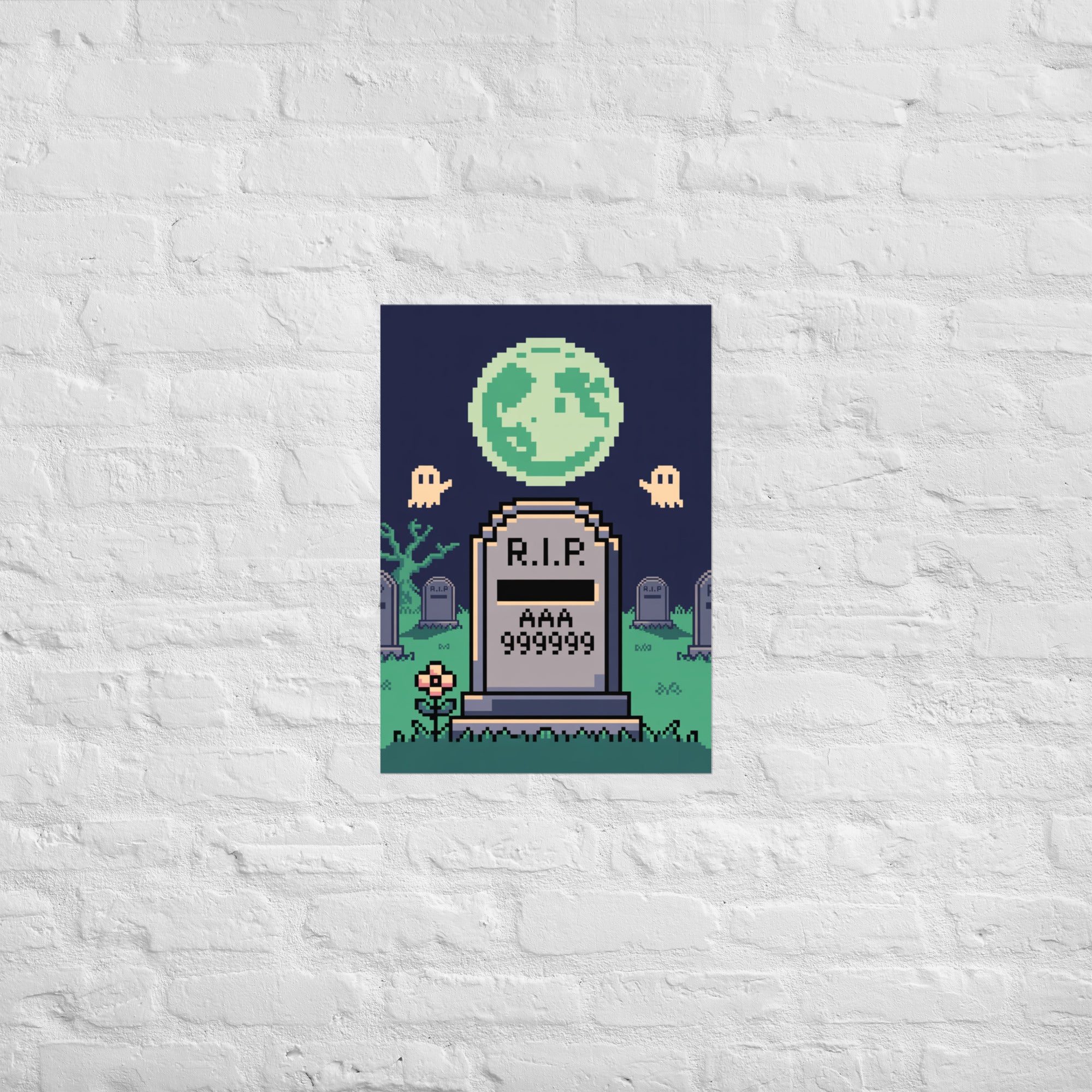Retro 8-bit graveyard poster 16x20 framed on white wall above desk