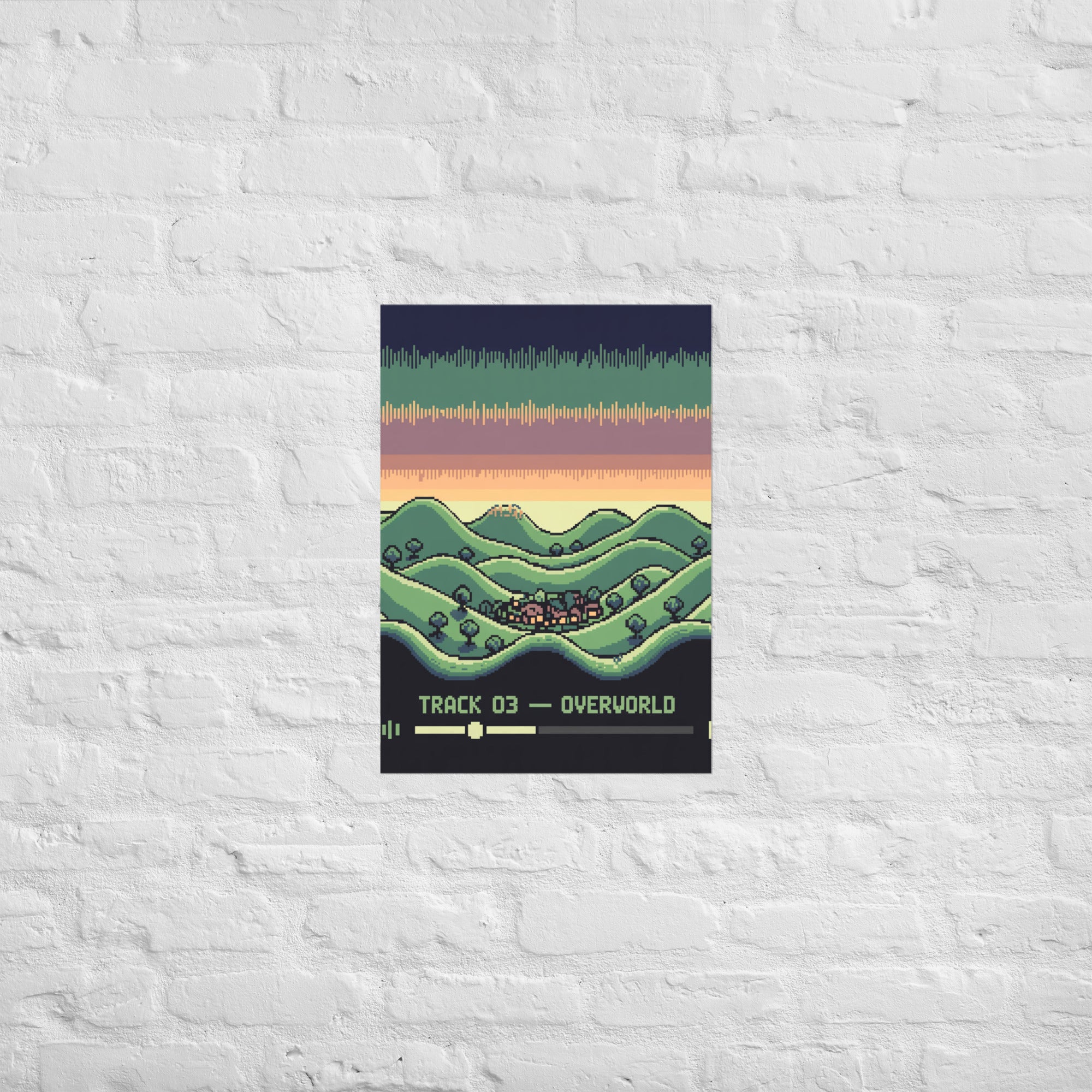 Chiptune landscape print in a designer studio, A2