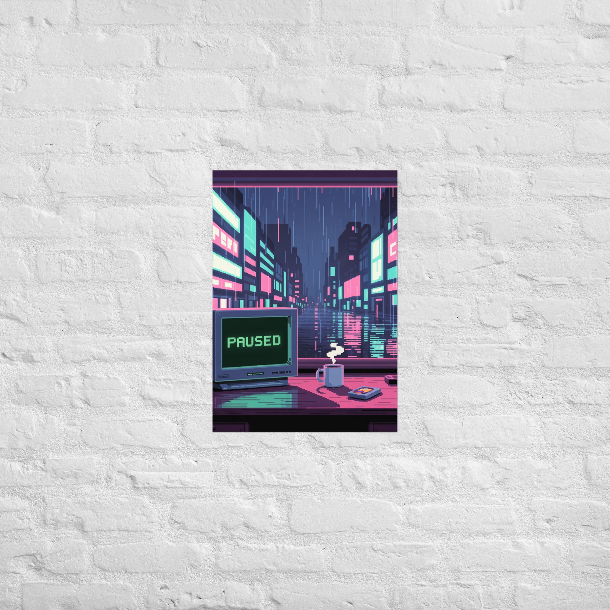 Cyberpunk pixel city print in a designer studio, A2