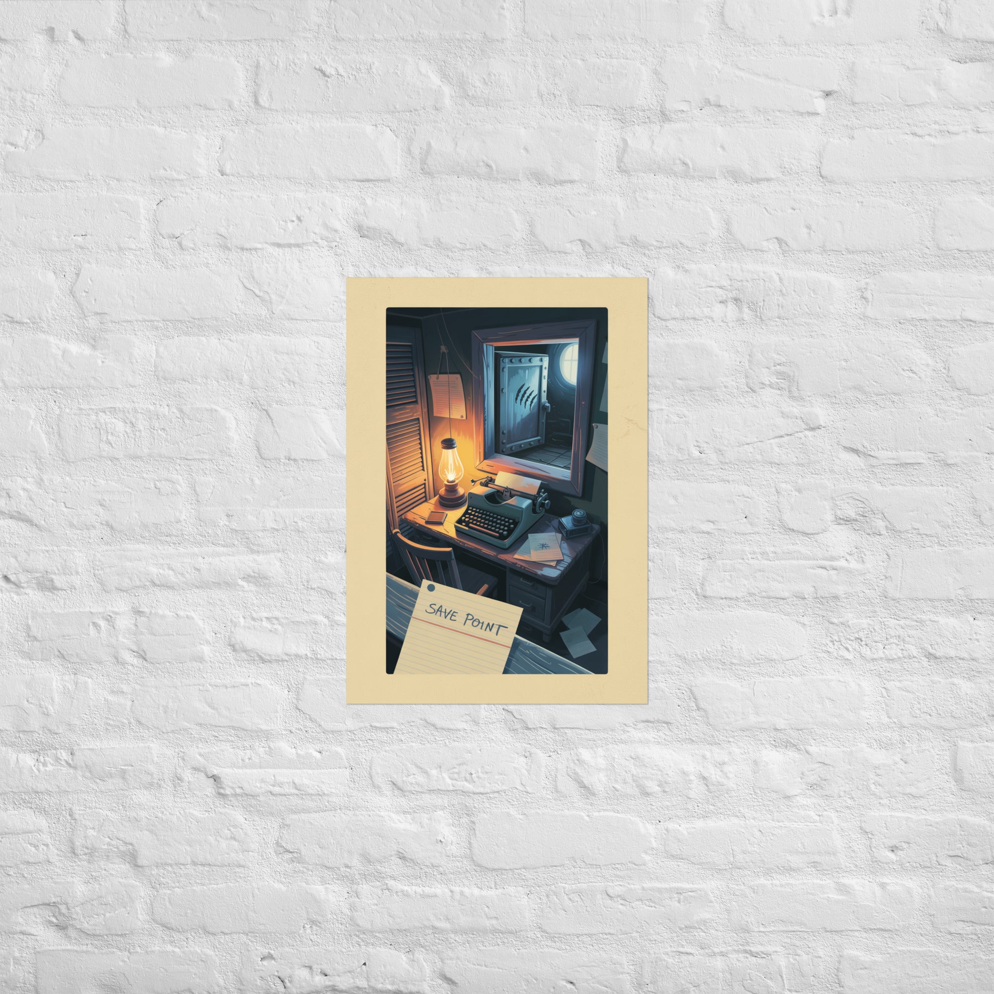 Survival horror quiet room print in a moody room, A2