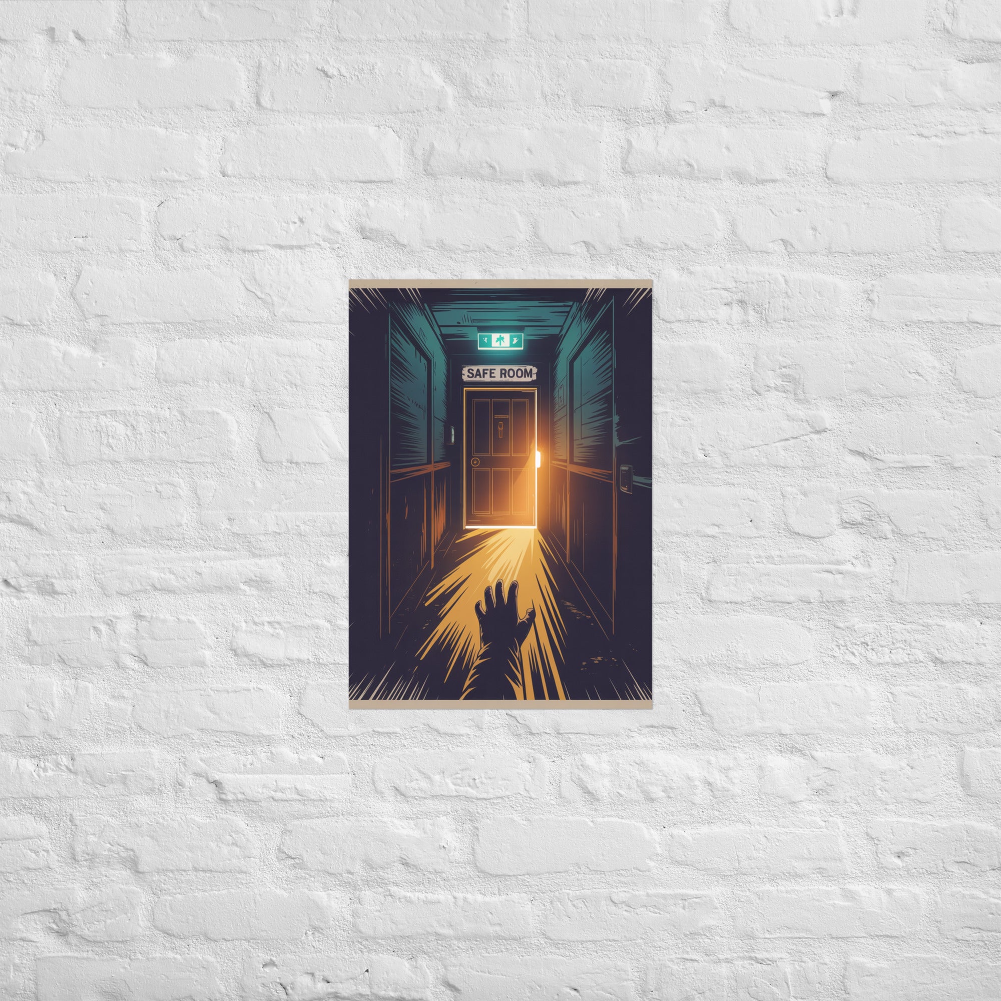 Survival horror safe room print in a horror-themed room, A2