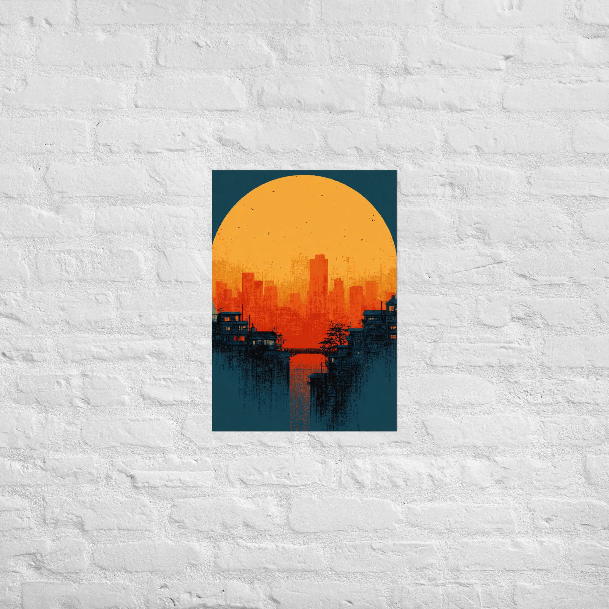 Pixel sunset print in a designer studio, A2