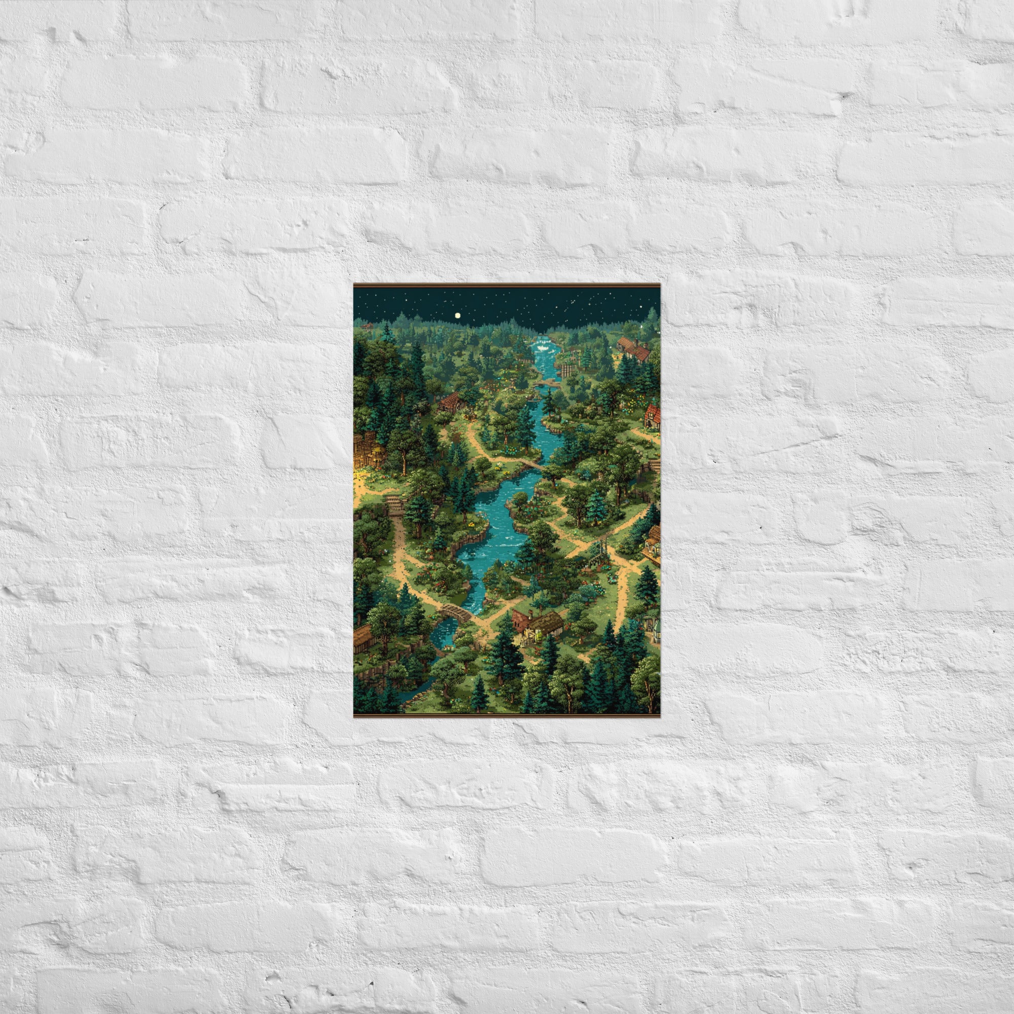 Late-night overworld pixel print in a moody home office, A2